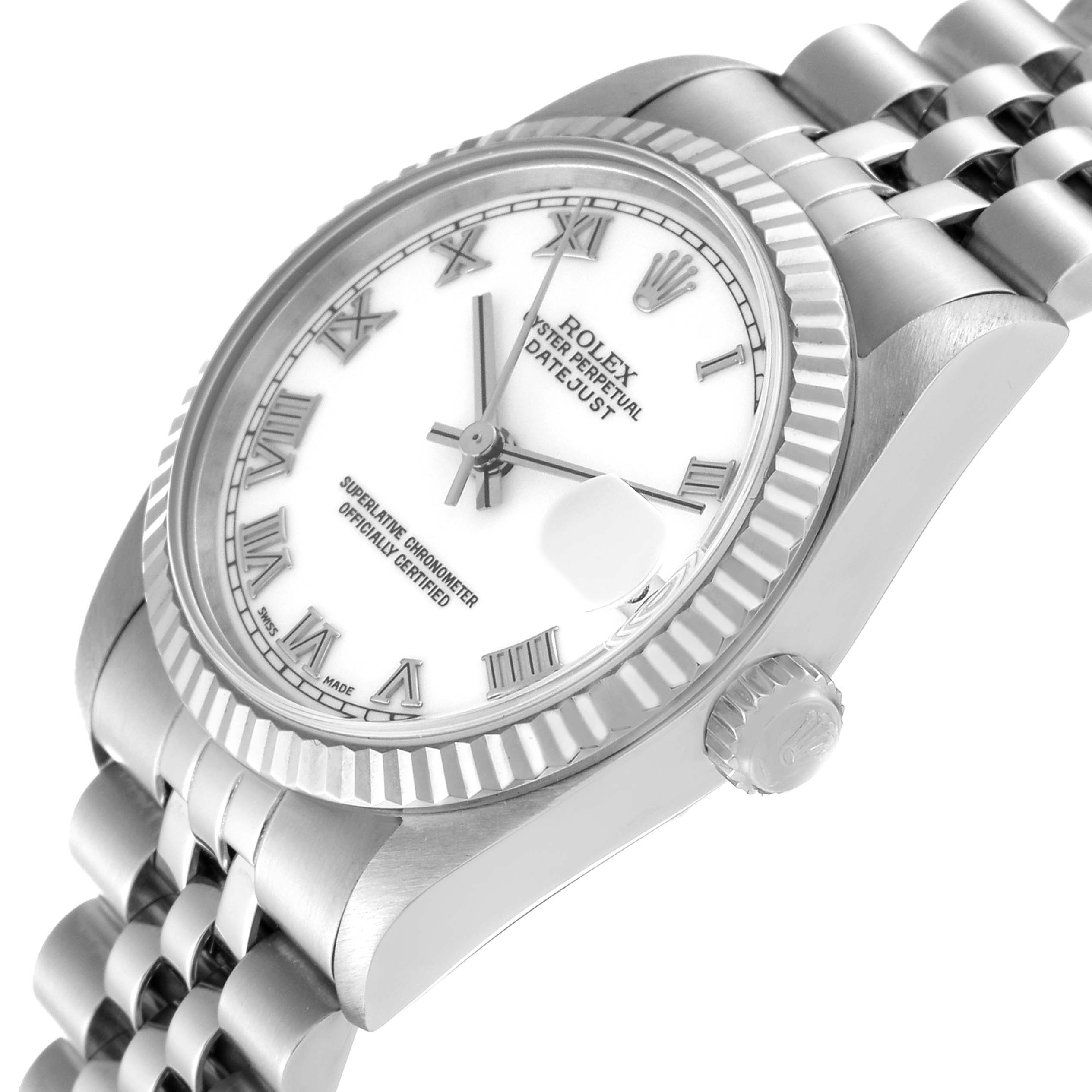 This image shows a side angle of the Rolex Mid-Size 68274 Women
s Stainless Steel White Dial 68274 Women
s Stainless Steel White Dial Datejust watch, highlighting the face, bezel, crown, and bracelet.