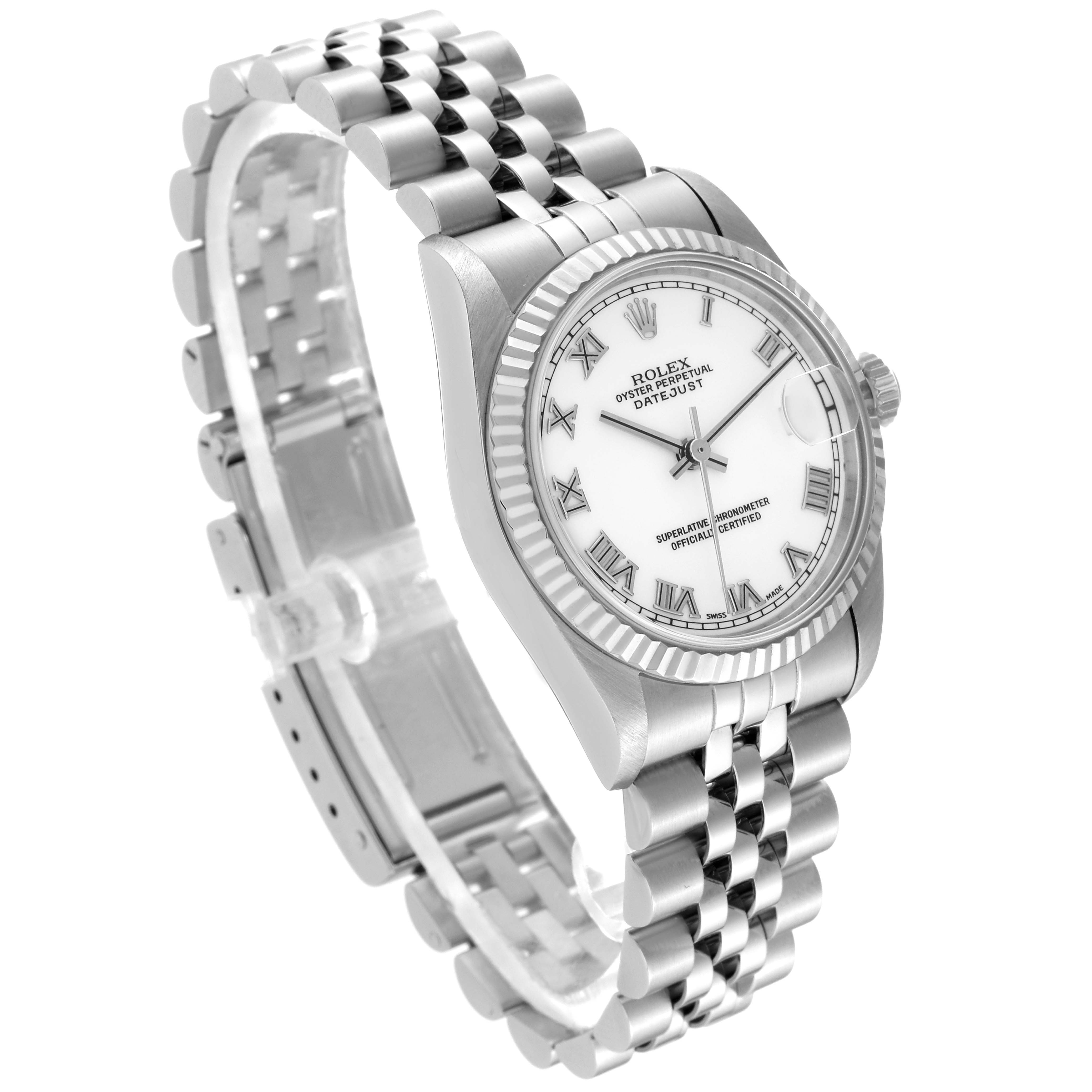 This image shows a Rolex Mid-Size 68274 Women
s Stainless Steel White Dial 68274 Women
s Stainless Steel White Dial Datejust watch at an angled view, highlighting the bracelet, bezel, dial, and crown.