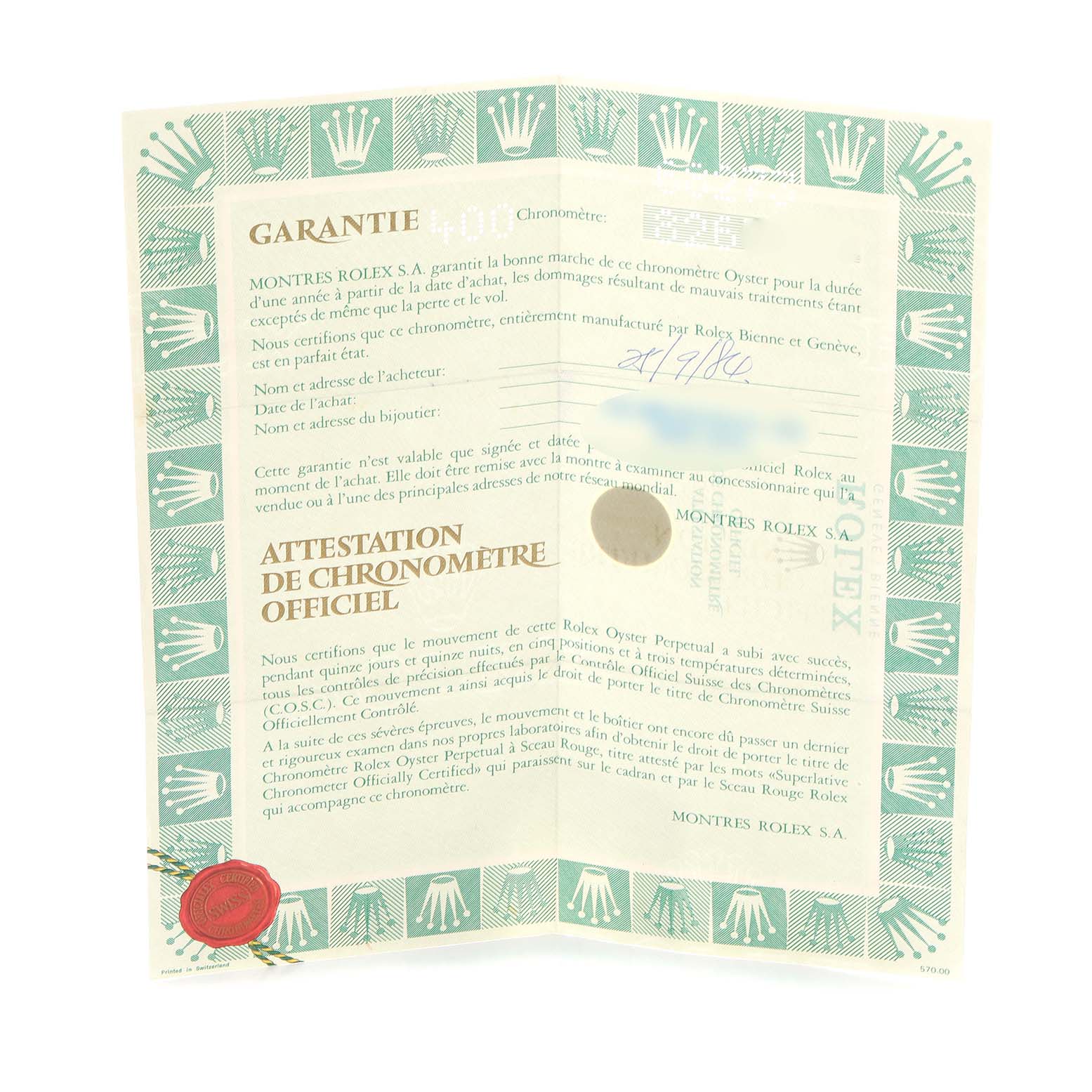 This image shows the warranty certificate for a Rolex Mid-Size 68273 Women's Steel and Gold (two tone) Champagne Dial 68273 Women's Steel and Gold (two tone) Champagne Dial model, featuring the brand's logo and official attestations.