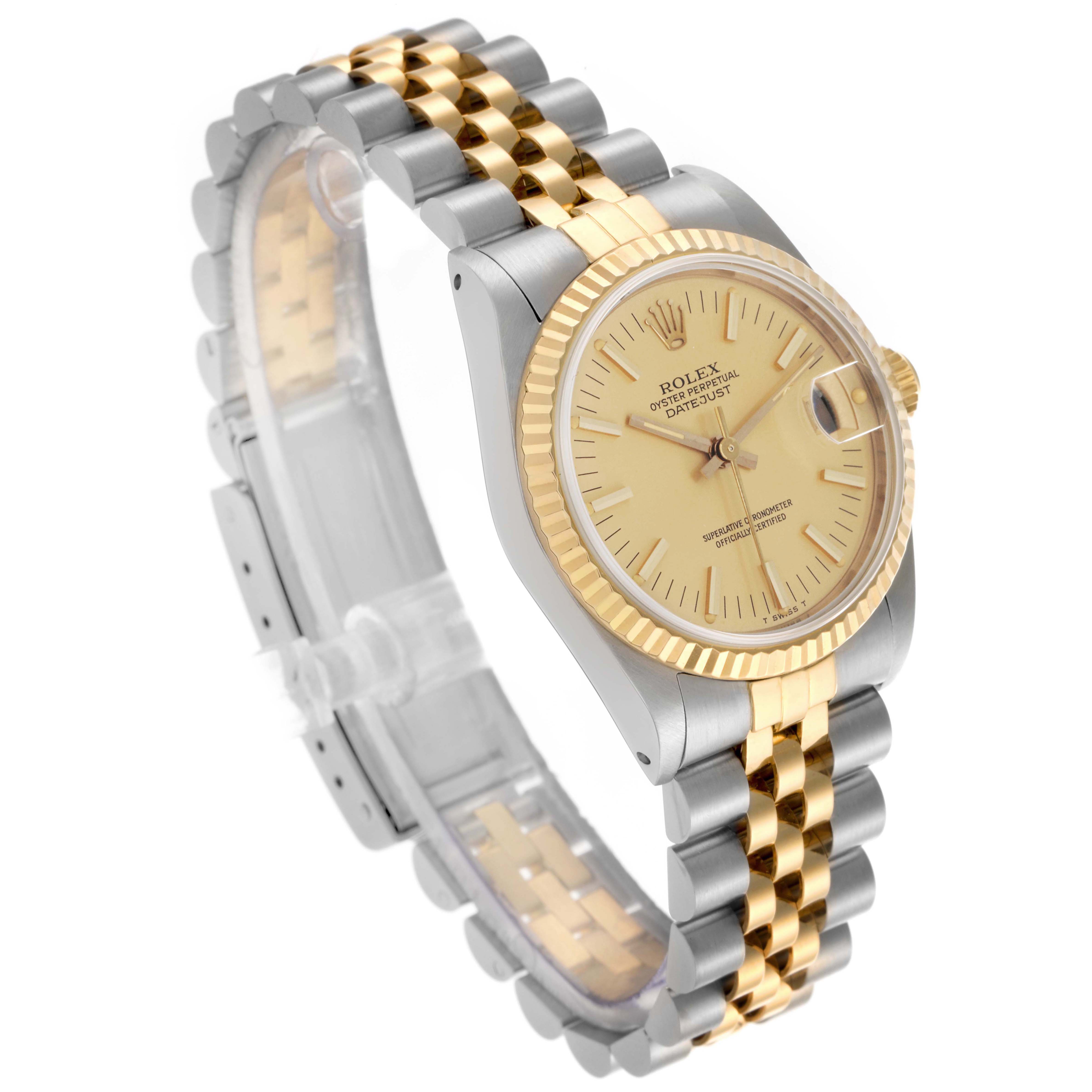 The Rolex Mid-Size 68273 Women's Steel and Gold (two tone) Champagne Dial 68273 Women's Steel and Gold (two tone) Champagne Dial watch is shown at an angled view, displaying the face, bezel, and two-tone bracelet.