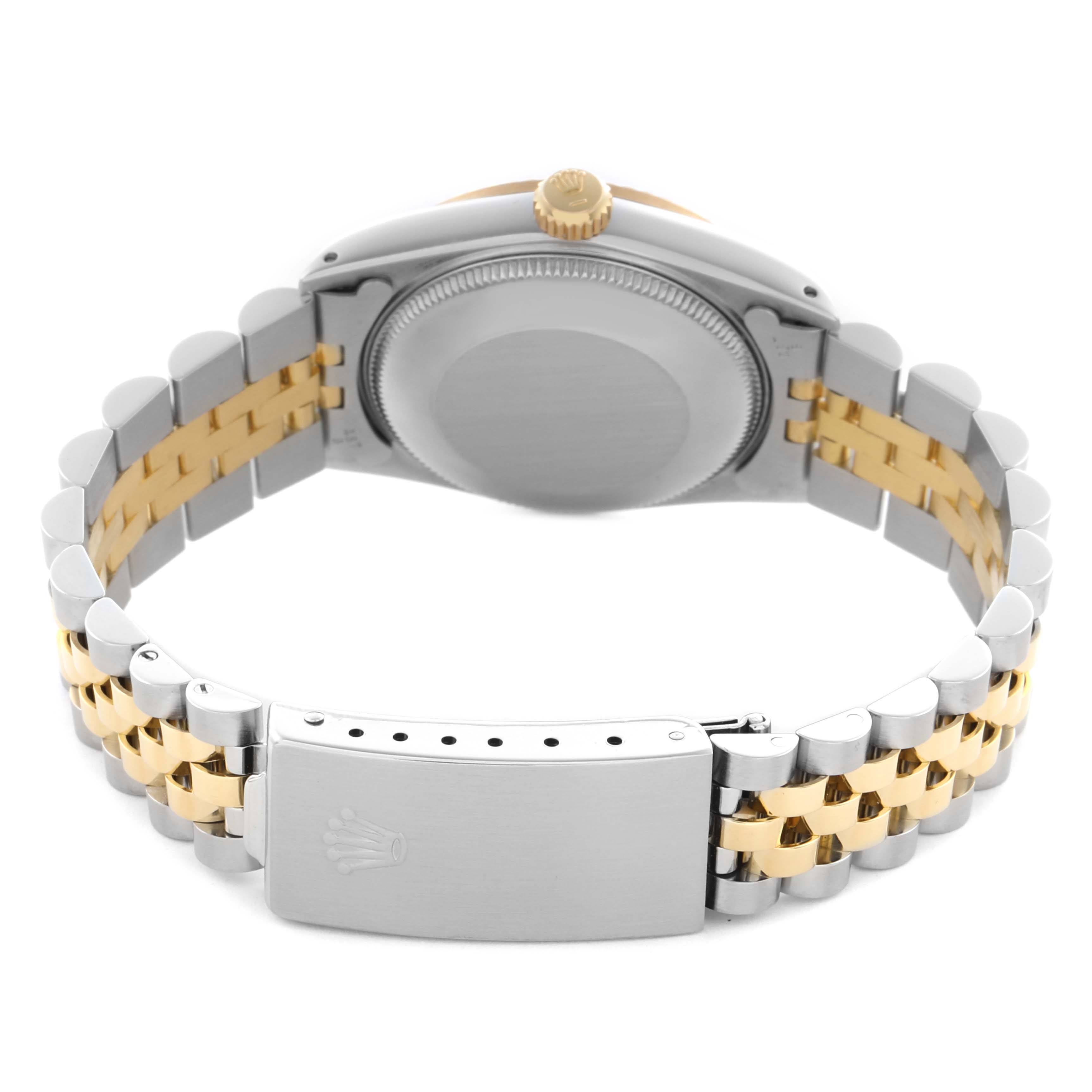 The Rolex Mid-Size 68273 Women's Steel and Gold (two tone) Champagne Dial 68273 Women's Steel and Gold (two tone) Champagne Dial watch is shown from the back, highlighting the jubilee bracelet and clasp.