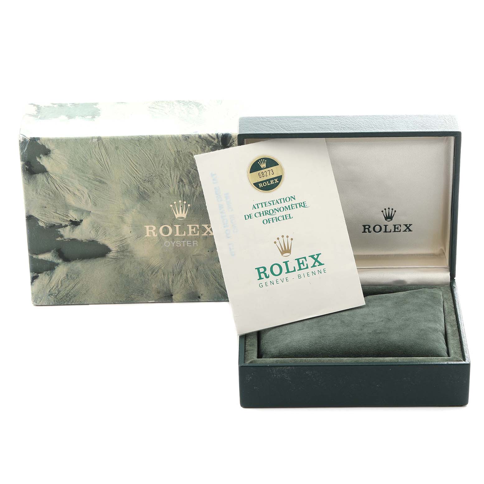 The image shows a Rolex Mid-Size 68273 Women's Steel and Gold (two tone) Champagne Dial 68273 Women's Steel and Gold (two tone) Champagne Dial watch box with a certificate, viewed from the front.
