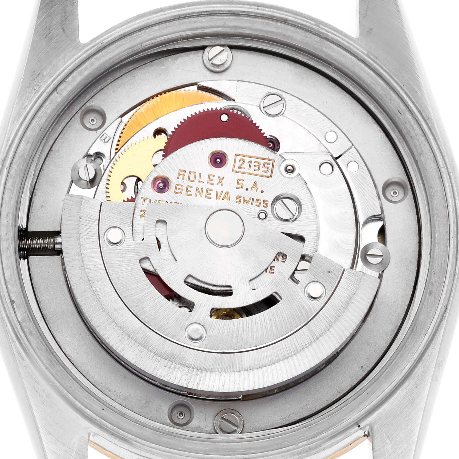 The image shows the backside movement of a Rolex Mid-Size 68273 Women's Steel and Gold (two tone) Champagne Dial 68273 Women's Steel and Gold (two tone) Champagne Dial watch, highlighting its intricate mechanical components.
