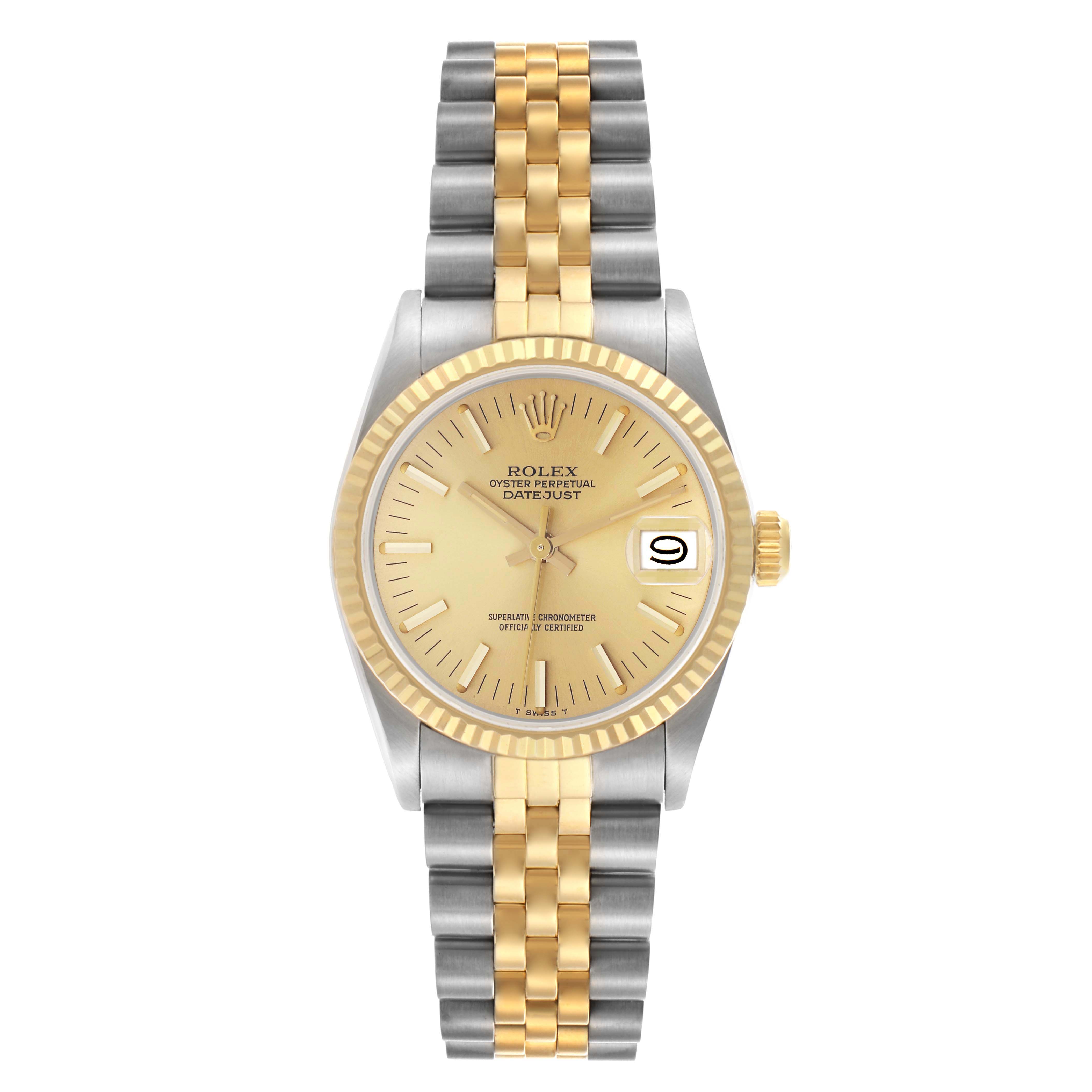 The Rolex Mid-Size 68273 Women's Steel and Gold (two tone) Champagne Dial 68273 Women's Steel and Gold (two tone) Champagne Dial watch is shown from the front, displaying the dial, bezel, bracelet, and crown.