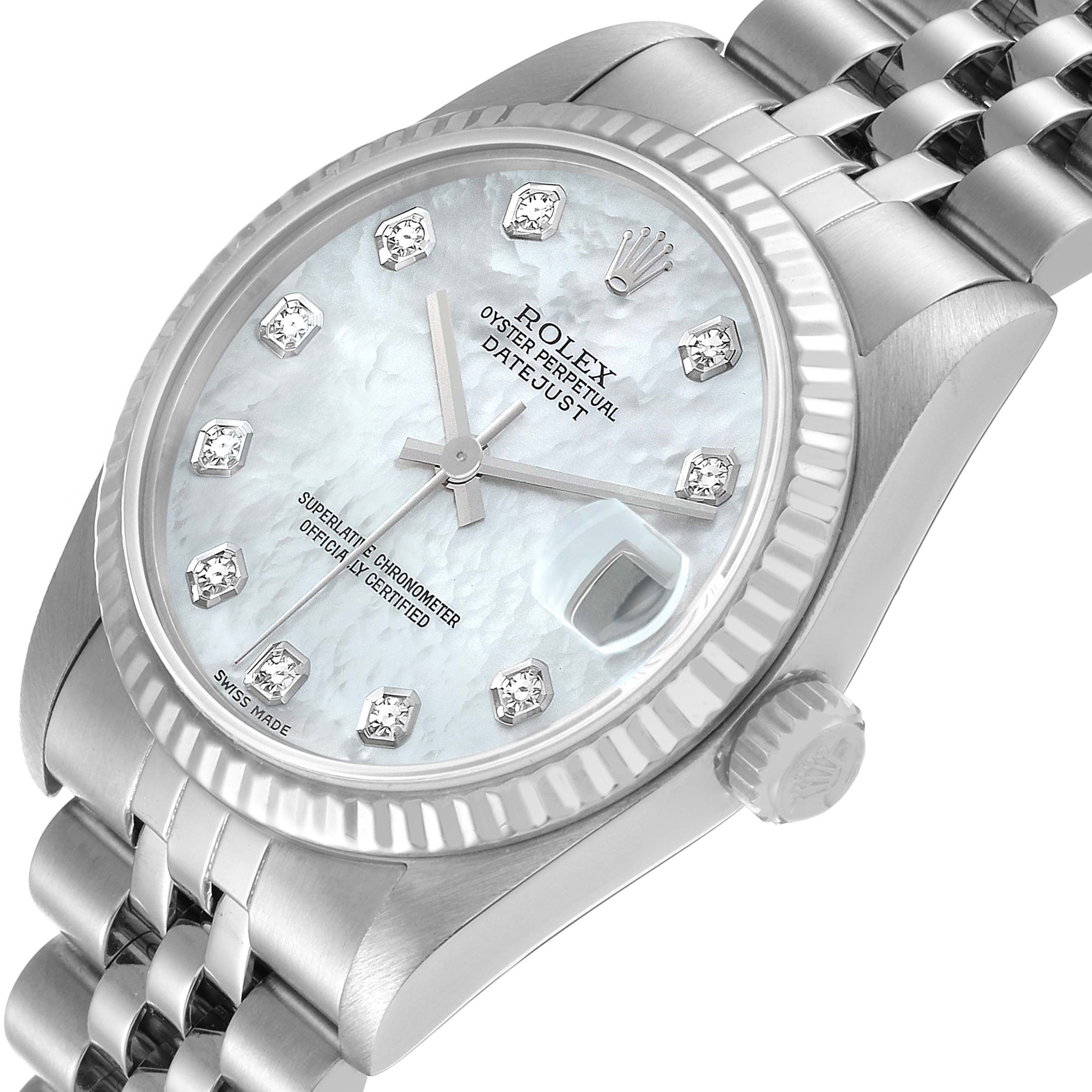 The image shows a Rolex Mid-Size 78274 Women
s Stainless Steel Mother of Pearl Dial 78274 Women
s Stainless Steel Mother of Pearl Dial Oyster Perpetual Datejust watch, highlighting the face, bezel, crown, and part of the bracelet at a slight angle.