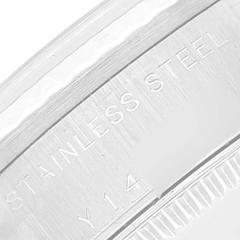 This image shows a close-up of the brushed stainless steel back of a Rolex Mid-Size 78274 Women
s Stainless Steel Mother of Pearl Dial 78274 Women
s Stainless Steel Mother of Pearl Dial model watch.
