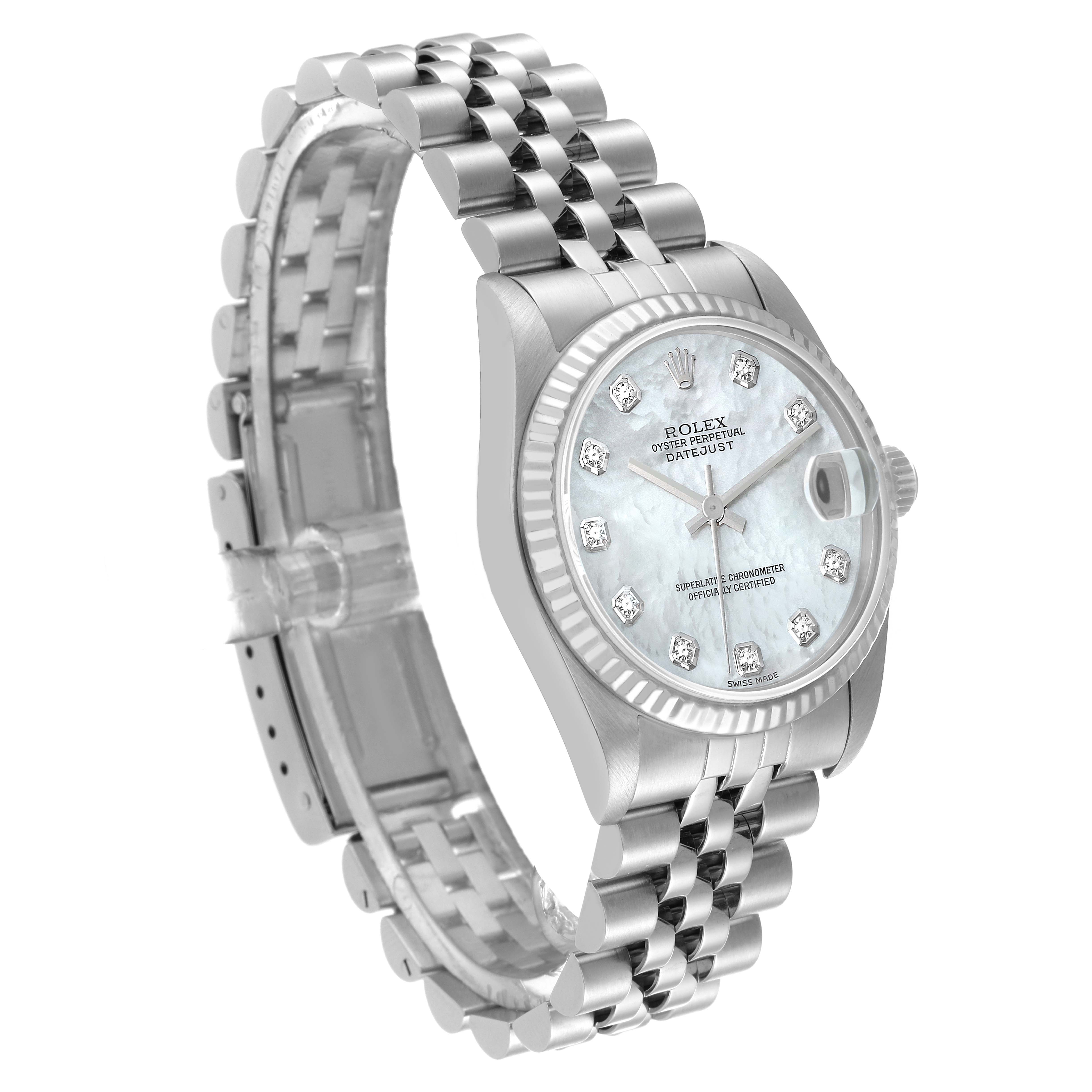 The image shows a side view of the Rolex Mid-Size 78274 Women
s Stainless Steel Mother of Pearl Dial 78274 Women
s Stainless Steel Mother of Pearl Dial model with visible dial, bezel, and bracelet.