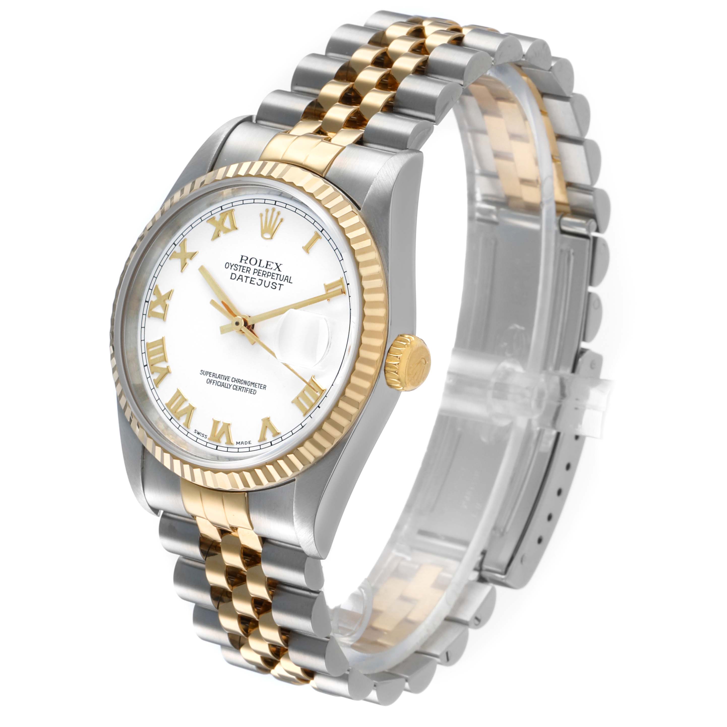 The image shows a Rolex Datejust 16233 Men's Steel and Gold (two tone) White Dial watch at a three-quarter angle, highlighting its gold and silver bracelet, fluted bezel, and dial.