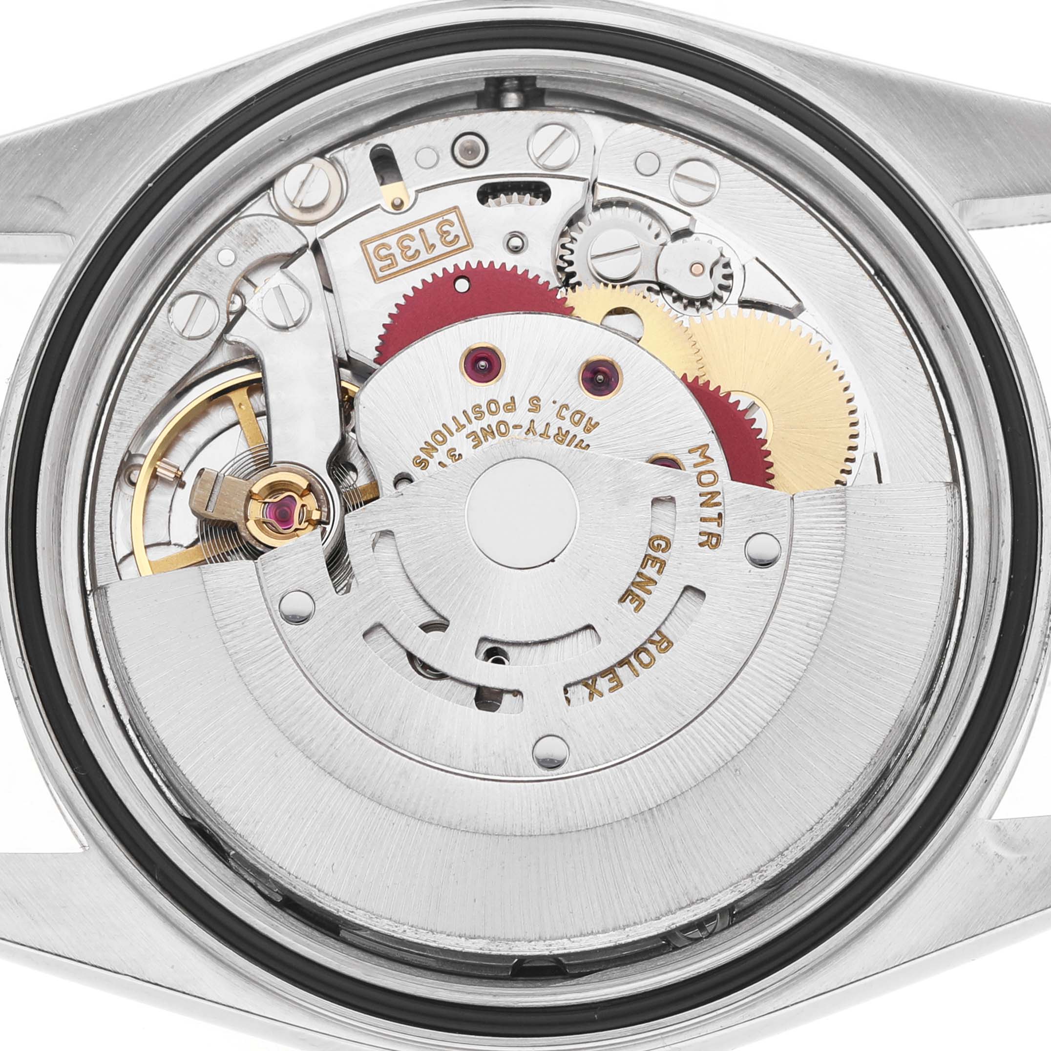 The image shows the movement and inner workings of a Rolex Datejust 16233 Men's Steel and Gold (two tone) White Dial watch from a top-down angle.