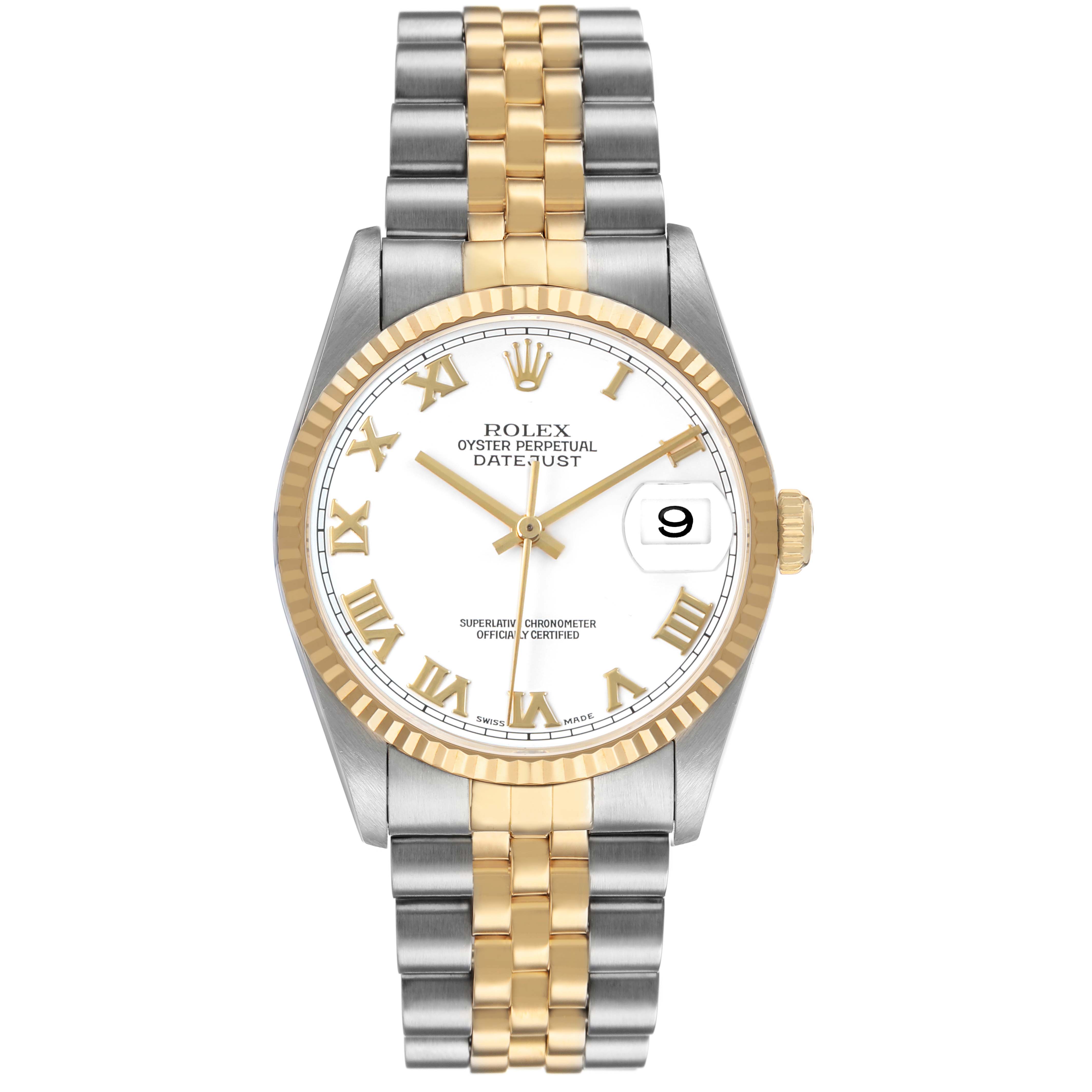 The Rolex Datejust 16233 Men's Steel and Gold (two tone) White Dial watch is shown from the front, featuring its face, bezel, and bracelet.
