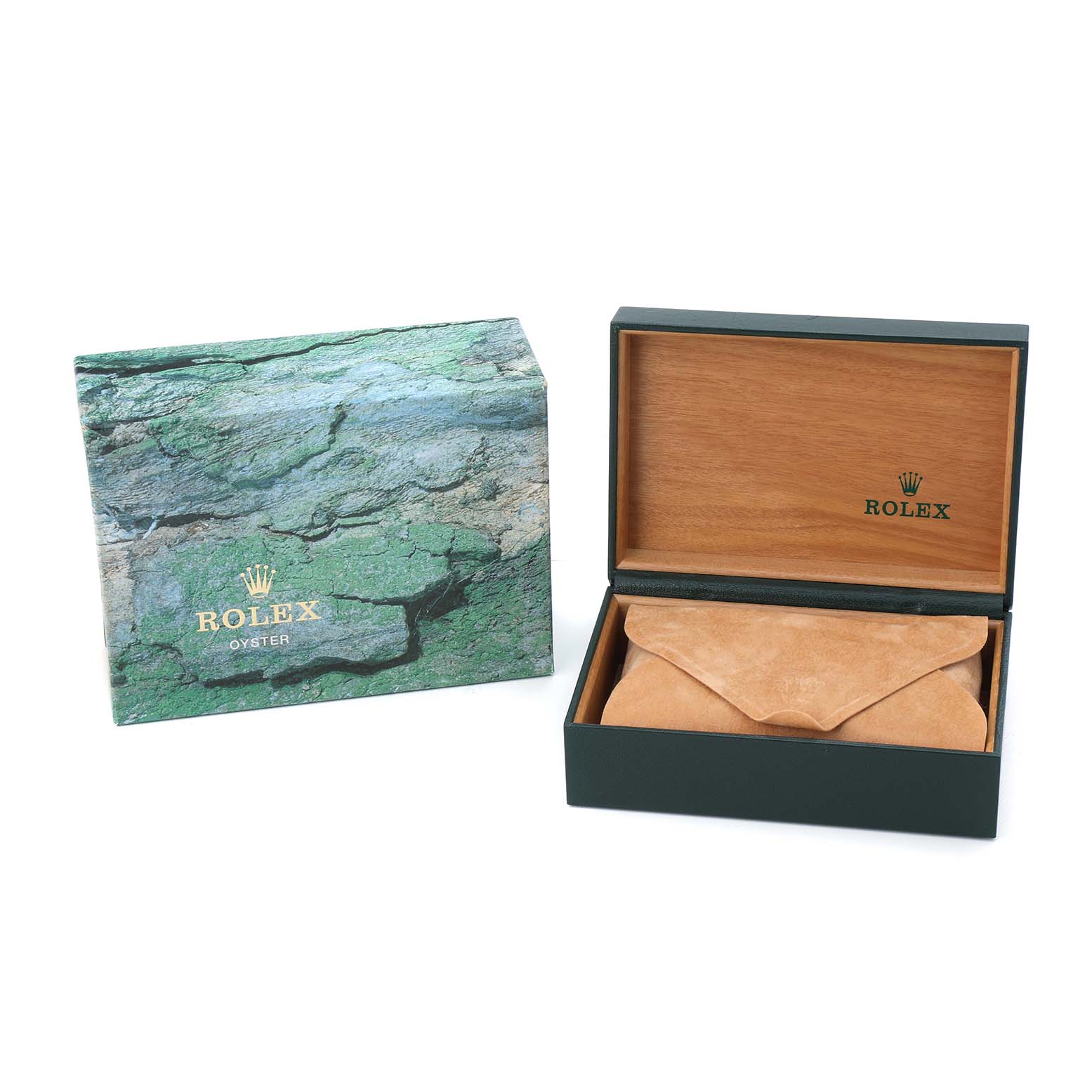 The image shows a Rolex Datejust 16233 Men's Steel and Gold (two tone) White Dial box and outer packaging, including a suede pouch inside the wooden inner box.