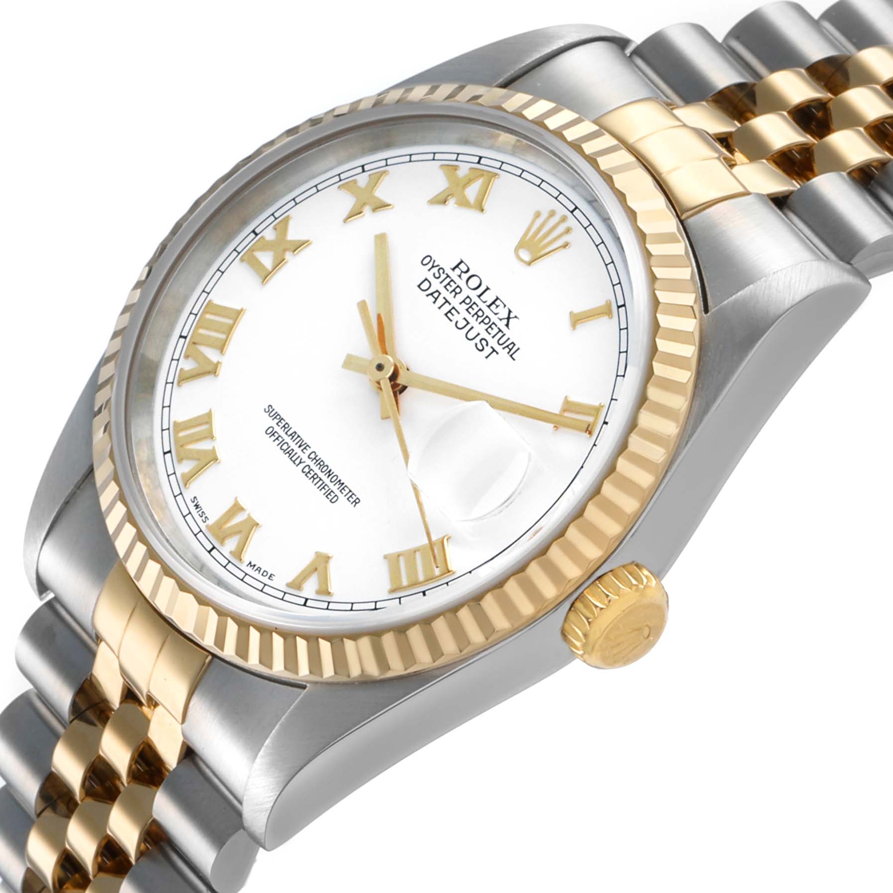 The Rolex Datejust 16233 Men's Steel and Gold (two tone) White Dial watch is shown at a slight angle, displaying the face, bezel, crown, and part of the bracelet.