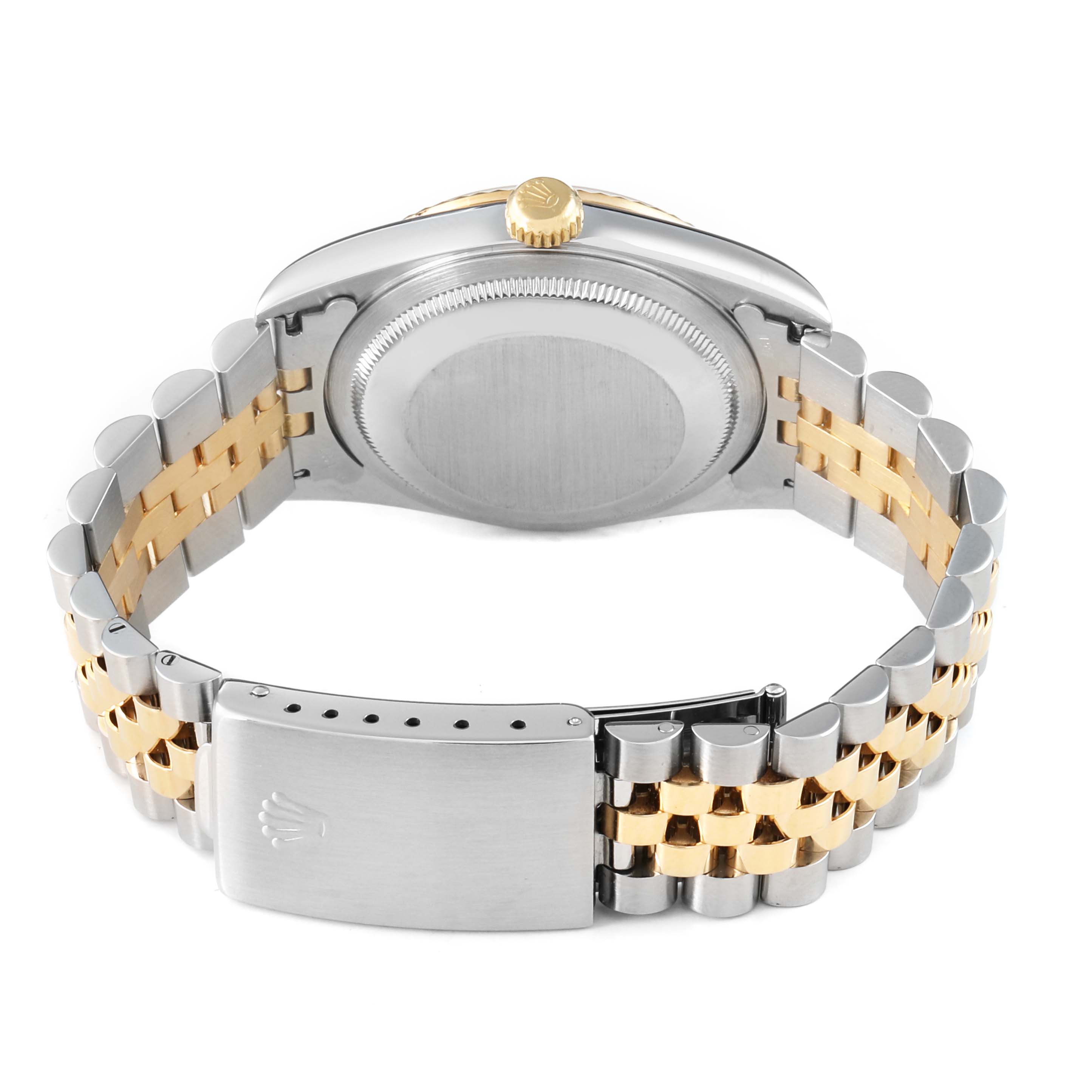 The image shows the back of a Rolex Datejust 16233 Men's Steel and Gold (two tone) White Dial watch, highlighting the case, crown, and two-tone Jubilee bracelet.