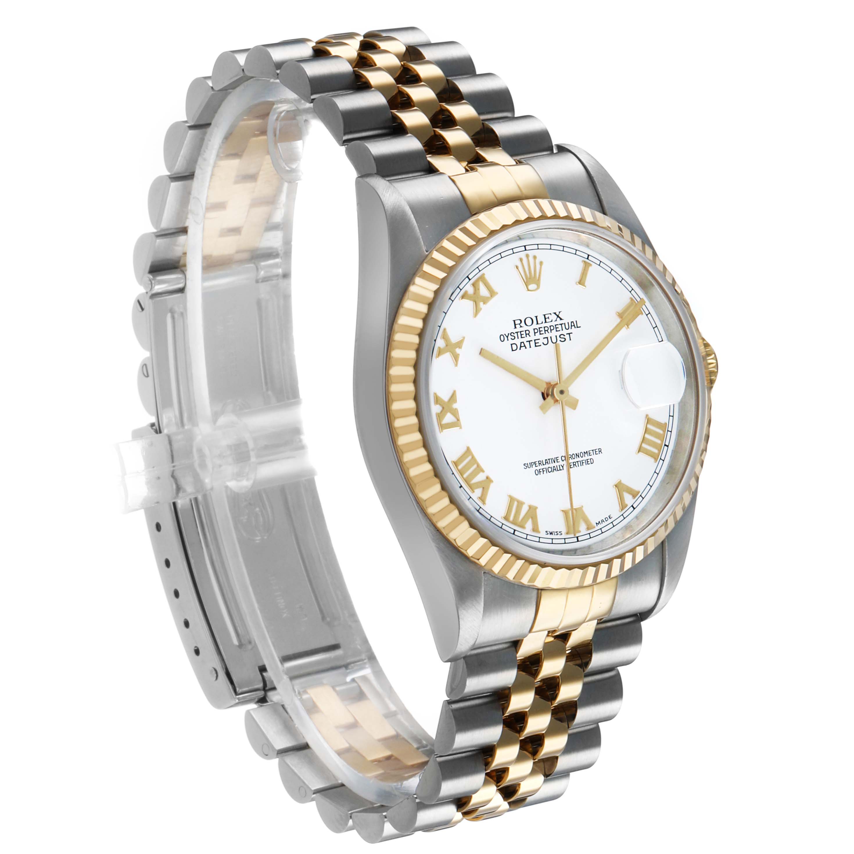 The Rolex Datejust 16233 Men's Steel and Gold (two tone) White Dial watch is shown at a three-quarter angle, highlighting the dial, bezel, and two-tone bracelet.
