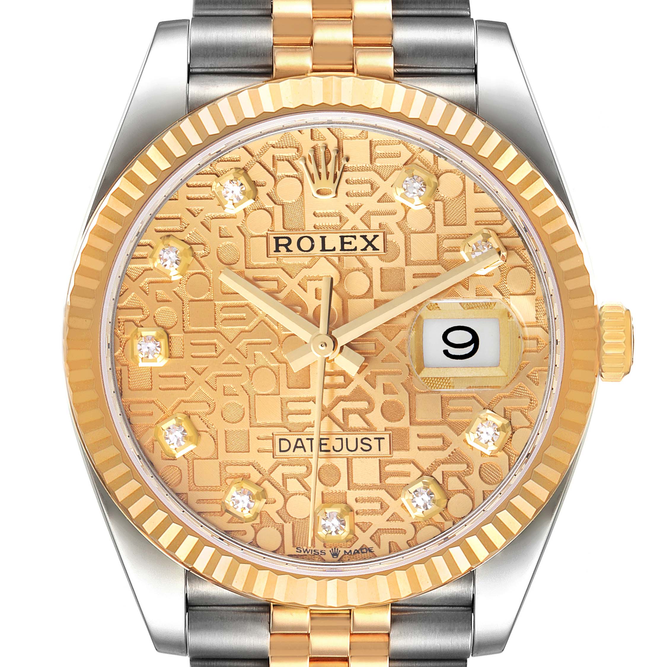 The image shows the face of a Rolex Datejust 126233 Men's Steel and Gold (two tone) Champagne Dial 126233 Men's Steel and Gold (two tone) Champagne Dial model watch, highlighting its gold dial, fluted bezel, and date display.