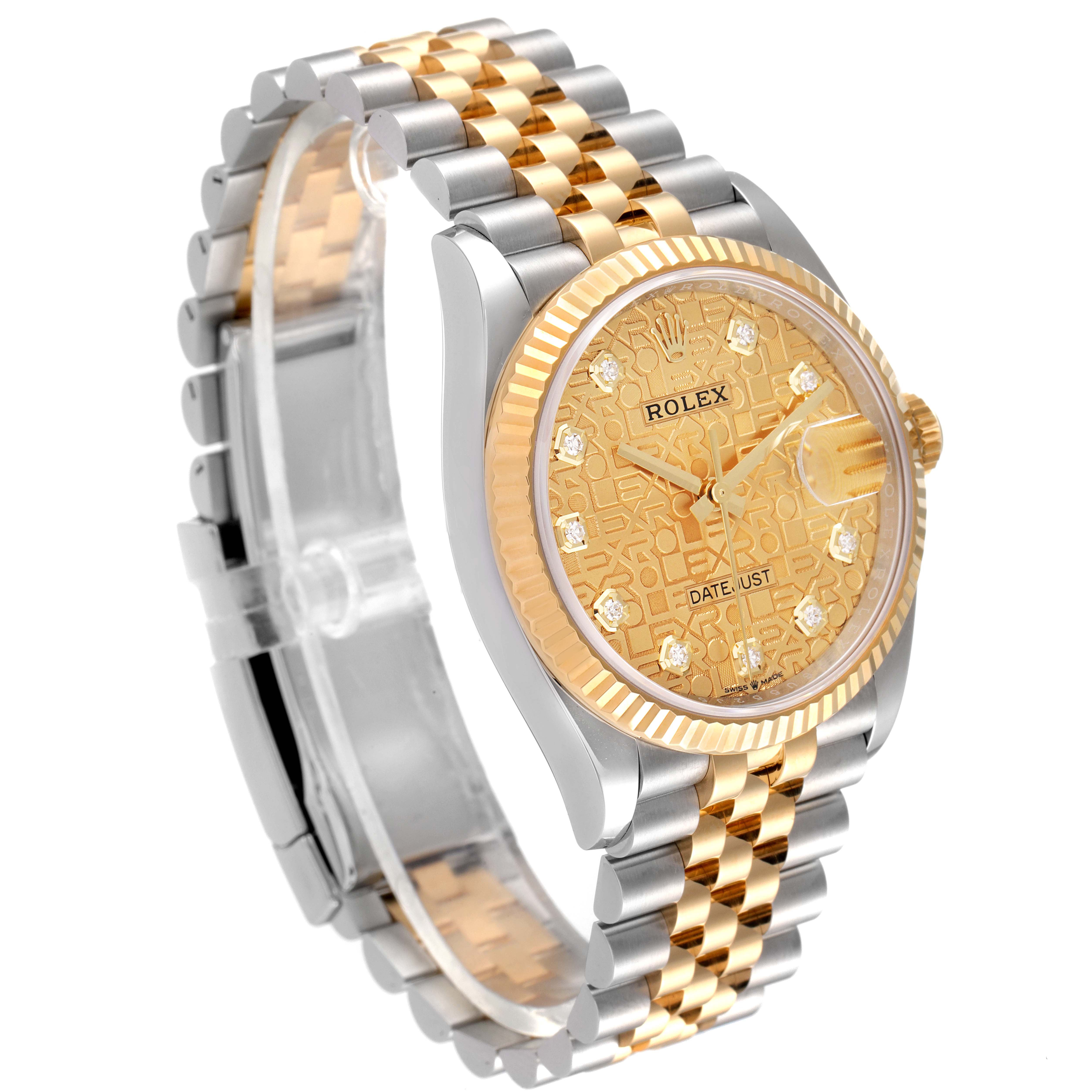 This Rolex Datejust 126233 Men's Steel and Gold (two tone) Champagne Dial 126233 Men's Steel and Gold (two tone) Champagne Dial watch is shown at an angled view displaying its two-tone bracelet, fluted bezel, and diamond-accented dial.