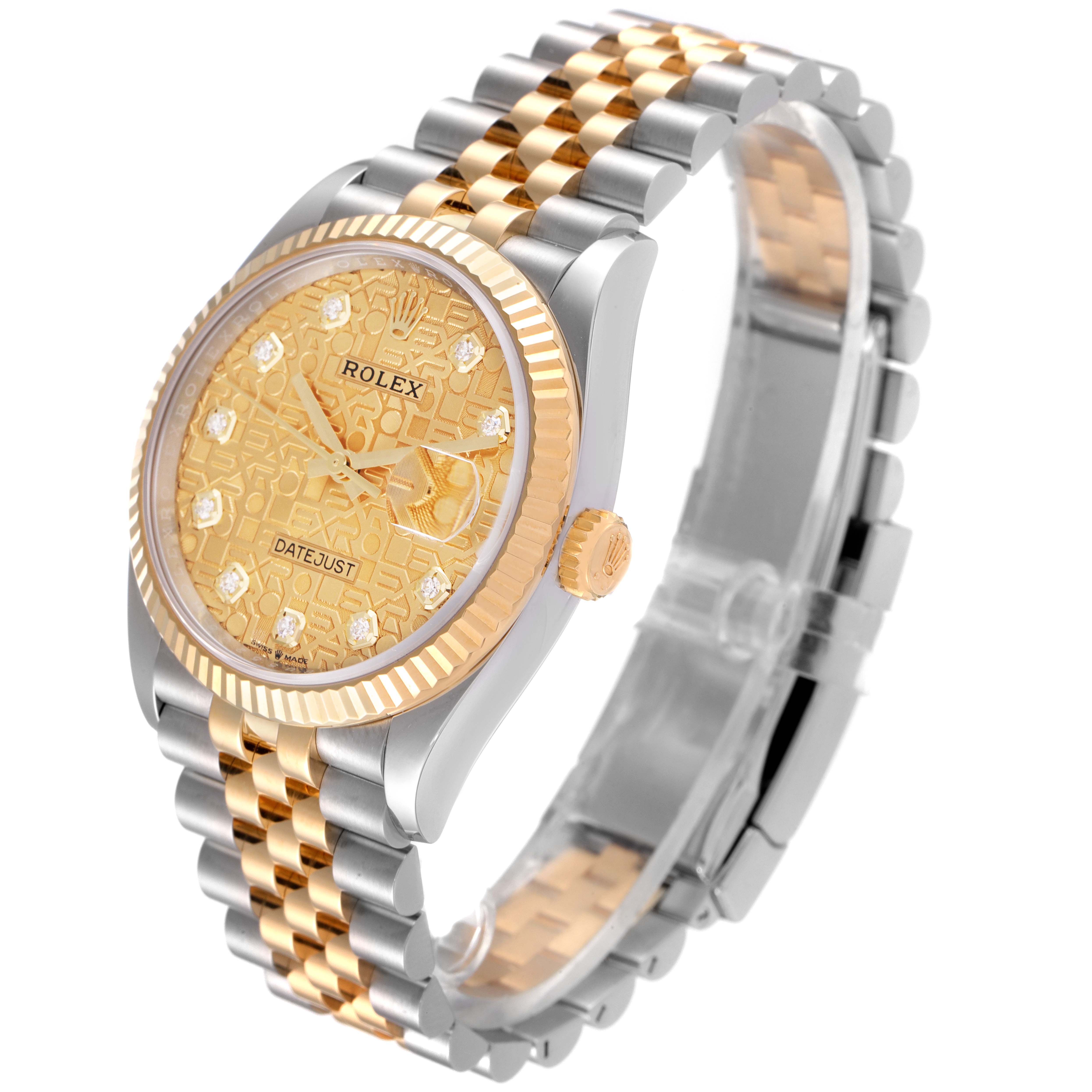This is a side angle of the Rolex Datejust 126233 Men's Steel and Gold (two tone) Champagne Dial 126233 Men's Steel and Gold (two tone) Champagne Dial watch, highlighting its two-tone bracelet, fluted bezel, and gold-patterned dial.