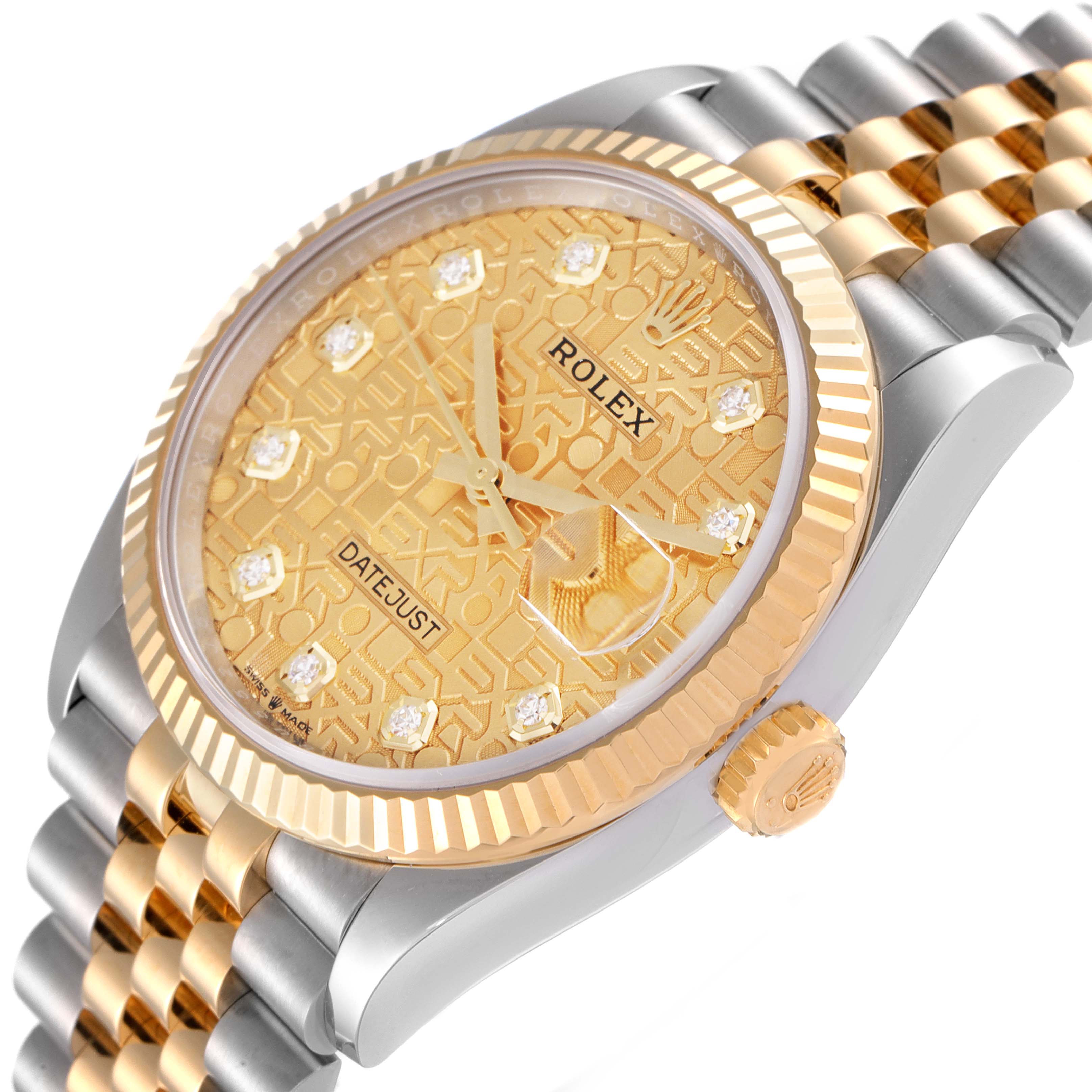 The image shows a Rolex Datejust 126233 Men's Steel and Gold (two tone) Champagne Dial 126233 Men's Steel and Gold (two tone) Champagne Dial watch from an angled, side perspective highlighting its gold dial, fluted bezel, and two-tone bracelet.