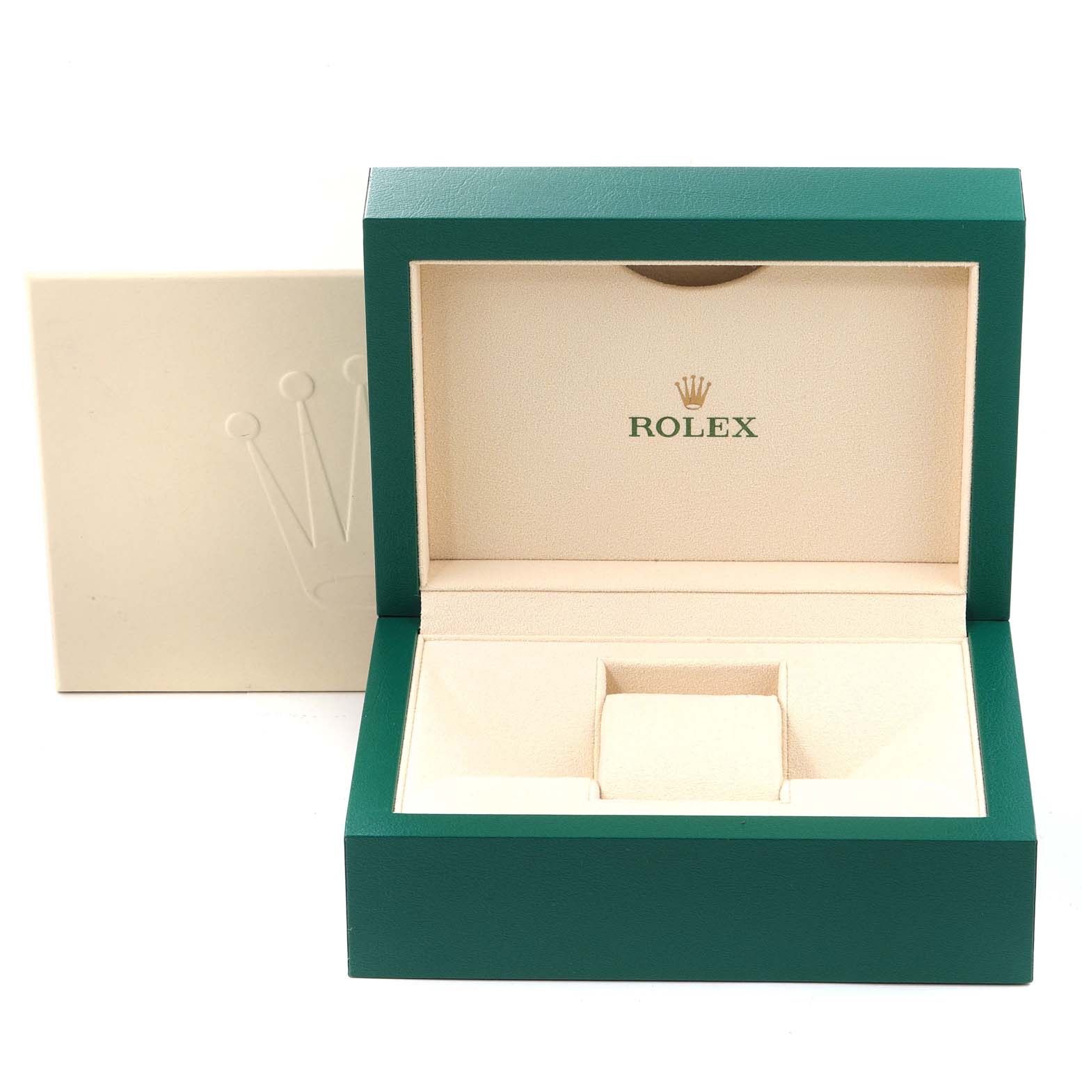 The image shows an open Rolex Datejust 126233 Men's Steel and Gold (two tone) Champagne Dial 126233 Men's Steel and Gold (two tone) Champagne Dial watch box from the front, revealing the interior compartments without the watch.