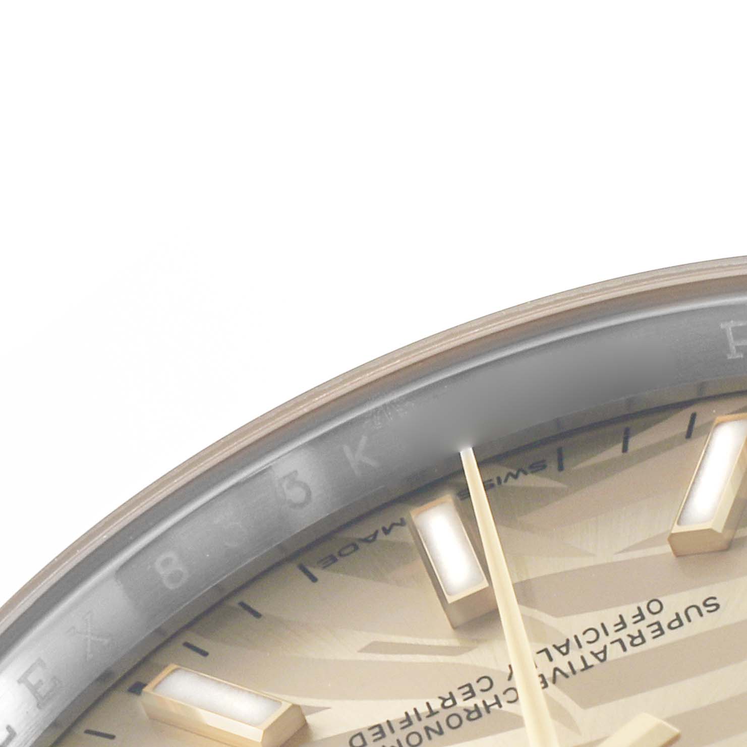 The image shows a close-up of the upper left section of a Rolex Datejust 126233 Men's Steel and Gold (two tone) Champagne Dial watch face, highlighting the indices and part of the dial text.