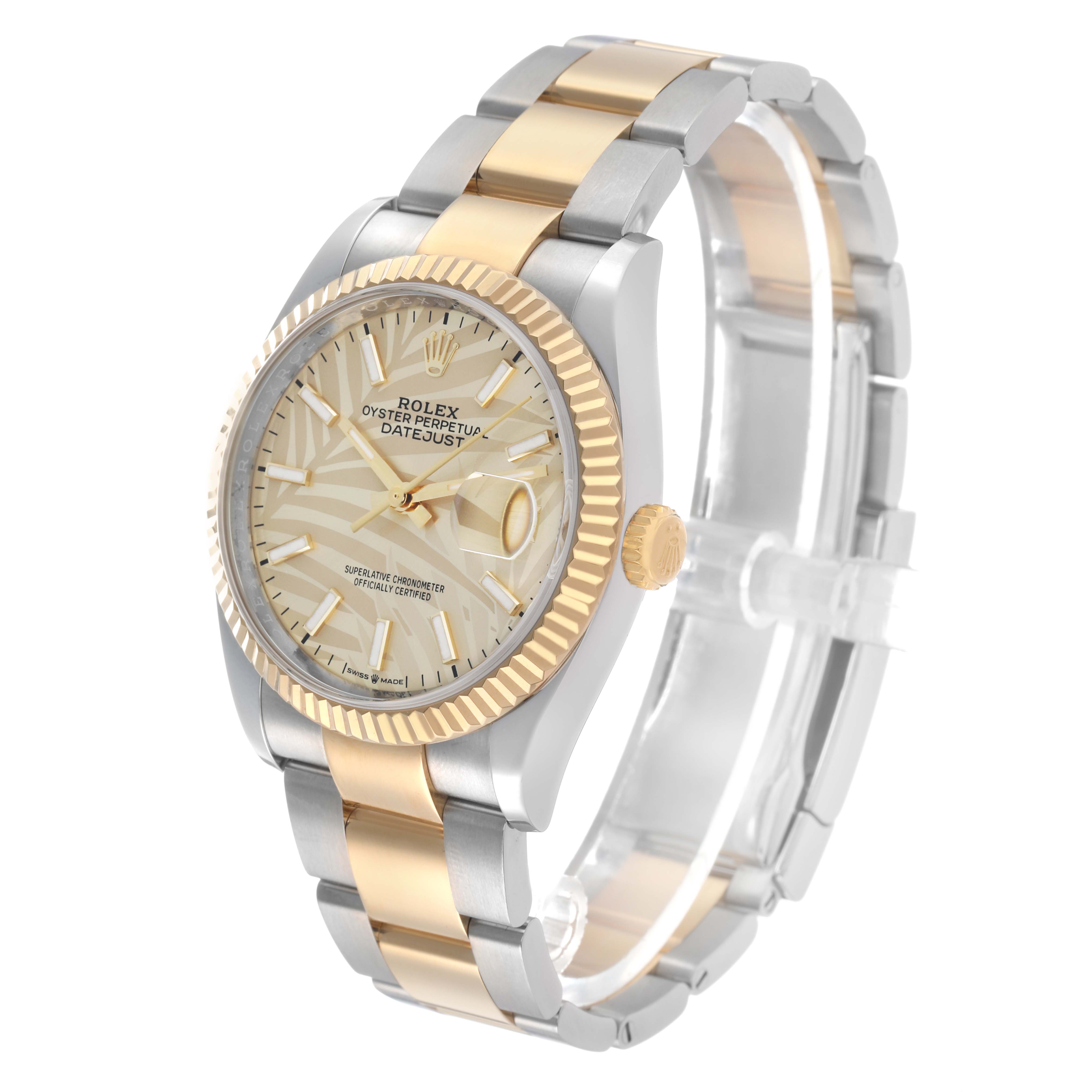 The Rolex Datejust 126233 Men's Steel and Gold (two tone) Champagne Dial watch is shown at a three-quarter angle, highlighting the dial, bezel, and bracelet.