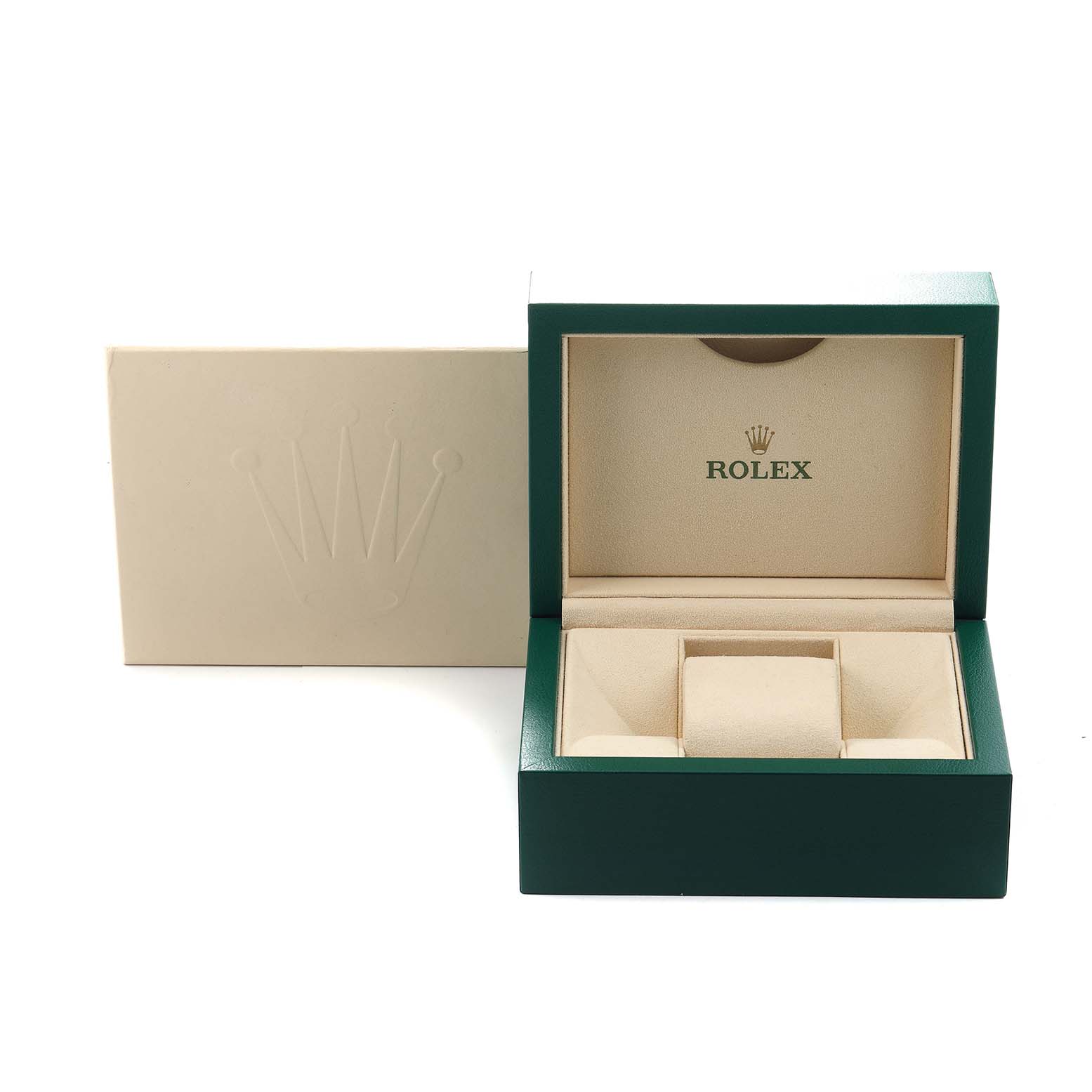 The image shows the box and packaging for a Rolex Datejust 126233 Men's Steel and Gold (two tone) Champagne Dial watch, with the box open and empty, exposing the interior.