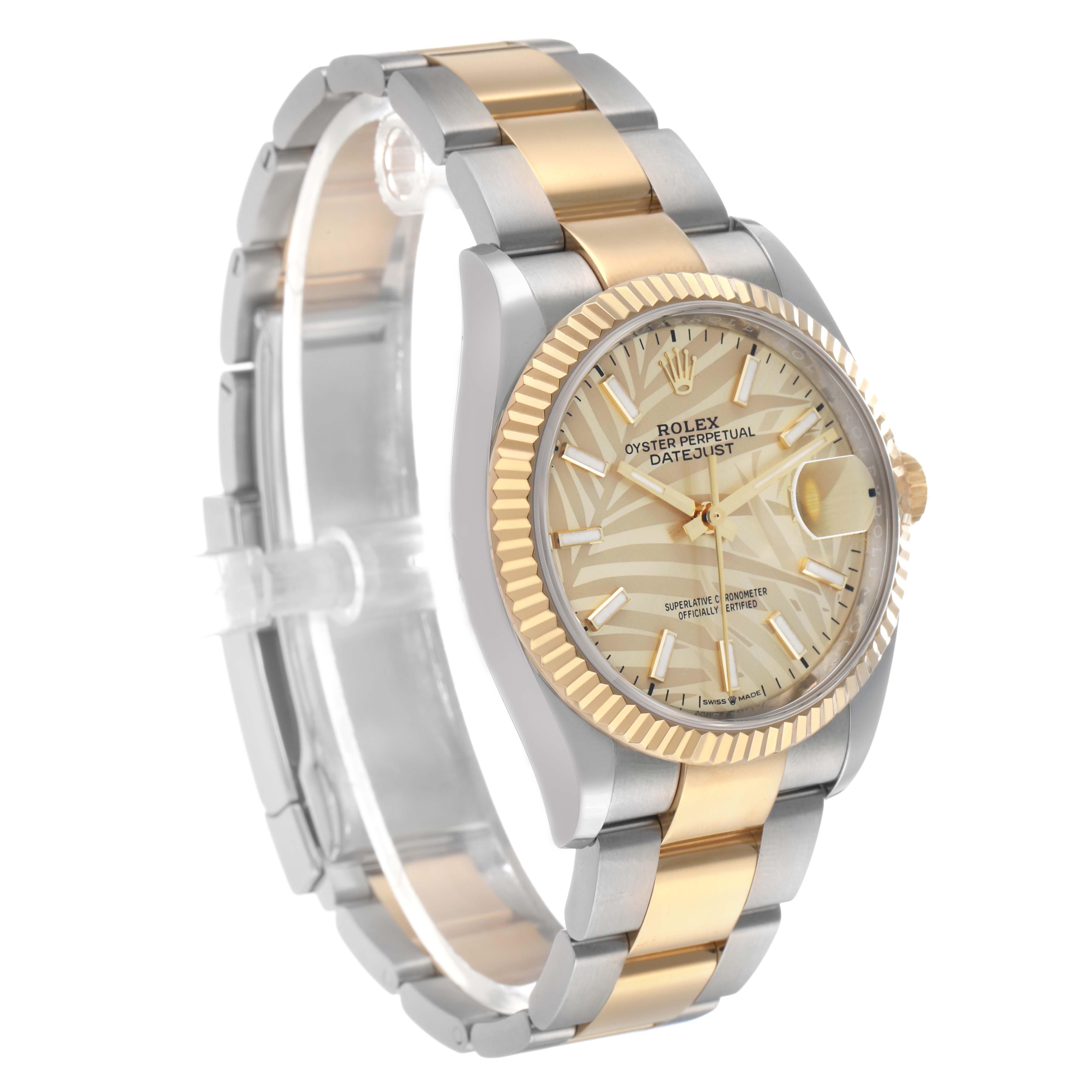 The Rolex Datejust 126233 Men's Steel and Gold (two tone) Champagne Dial watch is shown at an angled side view, highlighting its dial, bezel, and two-tone bracelet.