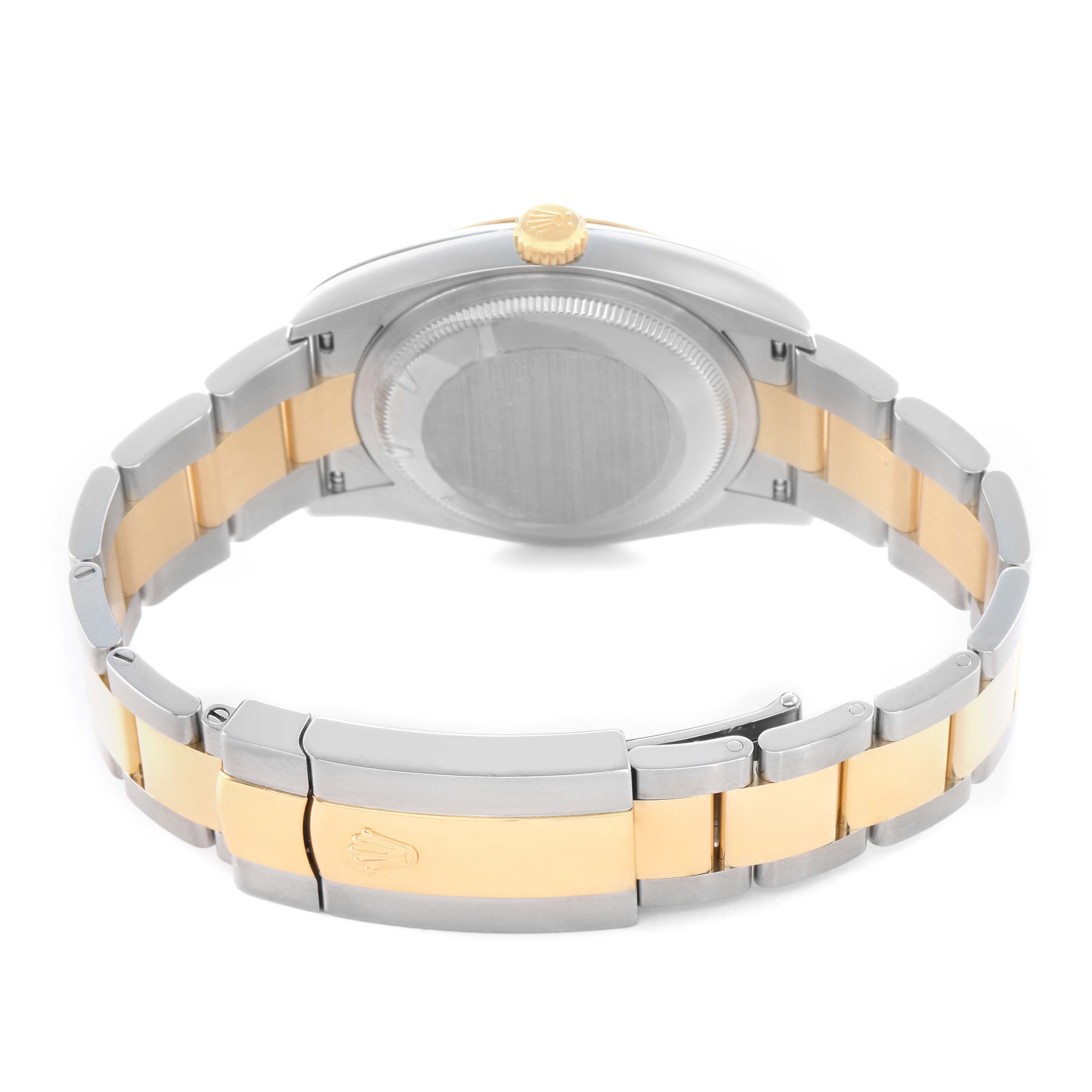 The image shows the back and side of the Rolex Datejust 126233 Men's Steel and Gold (two tone) Champagne Dial watch, highlighting the bicolor bracelet and the case back.