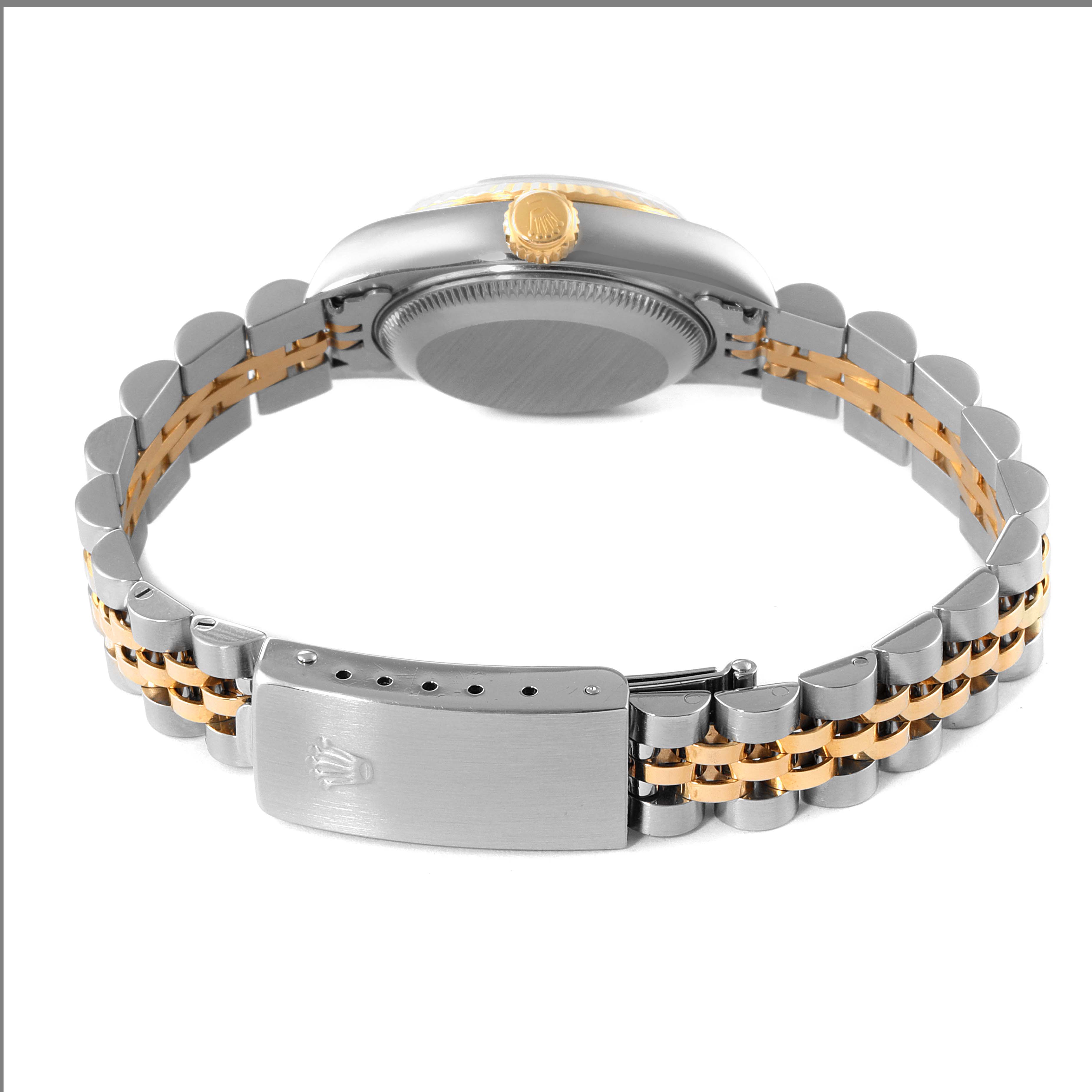 This image shows the back view of a Rolex Datejust 79173 Women's Steel and Gold (two tone) Mother of Pearl Dial 79173 Women's Steel and Gold (two tone) Mother of Pearl Dial watch, focusing on the clasp, case back, and bracelet.