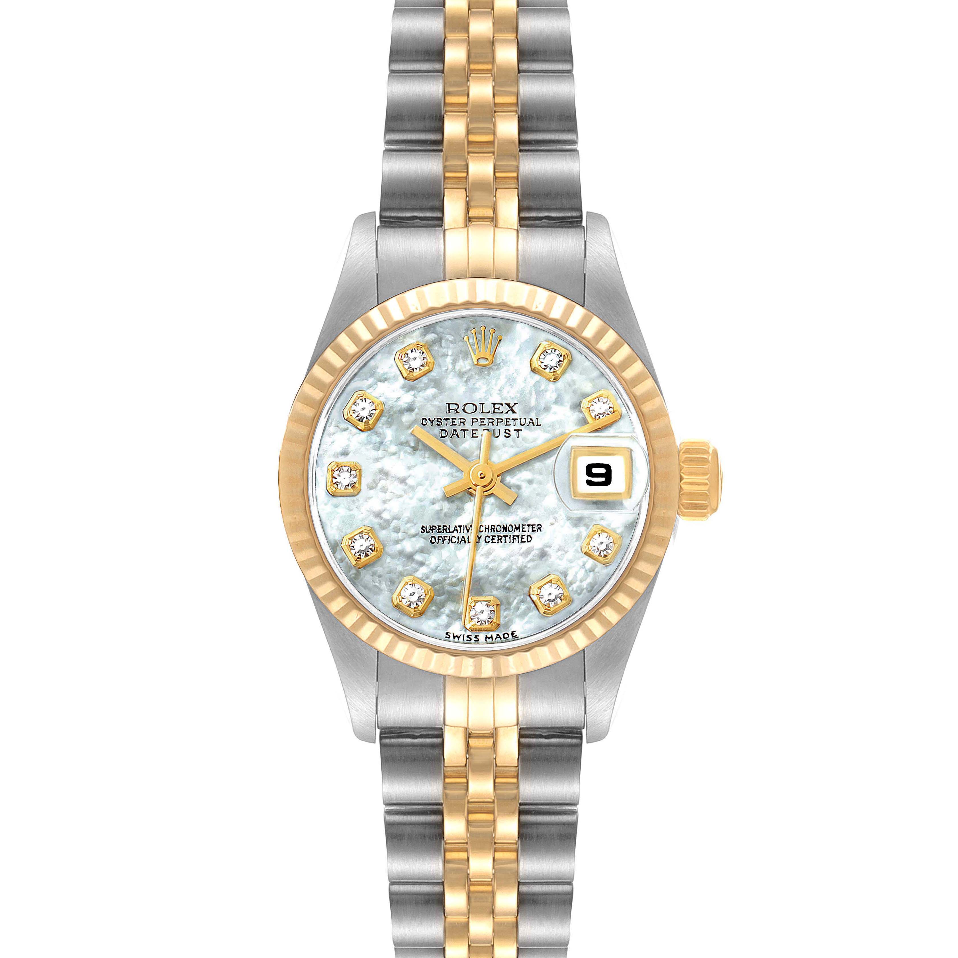This image shows a front view of a Rolex Datejust 79173 Women's Steel and Gold (two tone) Mother of Pearl Dial 79173 Women's Steel and Gold (two tone) Mother of Pearl Dial watch, highlighting its face, bezel, crown, and bracelet.