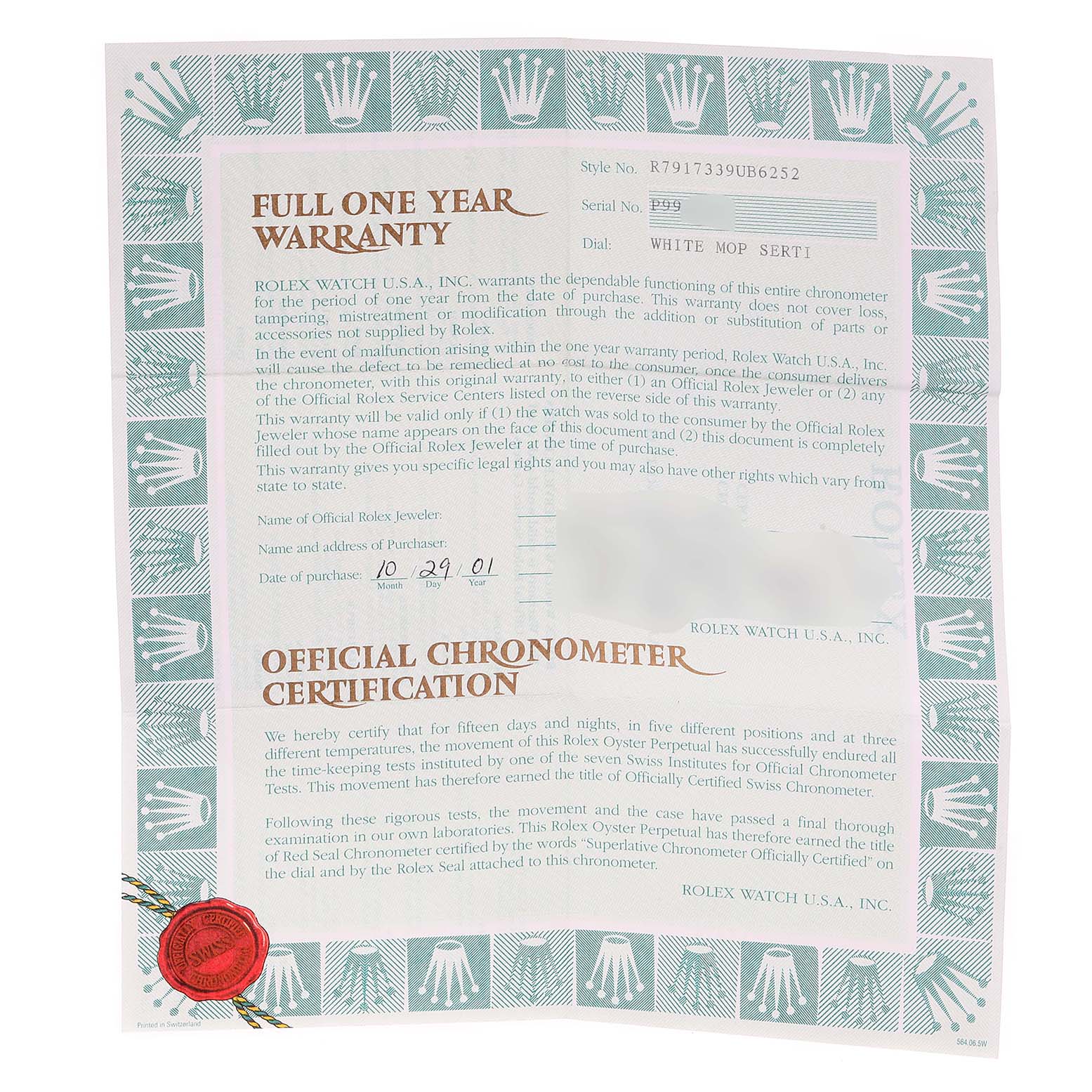 The image shows the warranty and certification papers for a Rolex Datejust 79173 Women's Steel and Gold (two tone) Mother of Pearl Dial 79173 Women's Steel and Gold (two tone) Mother of Pearl Dial model watch.