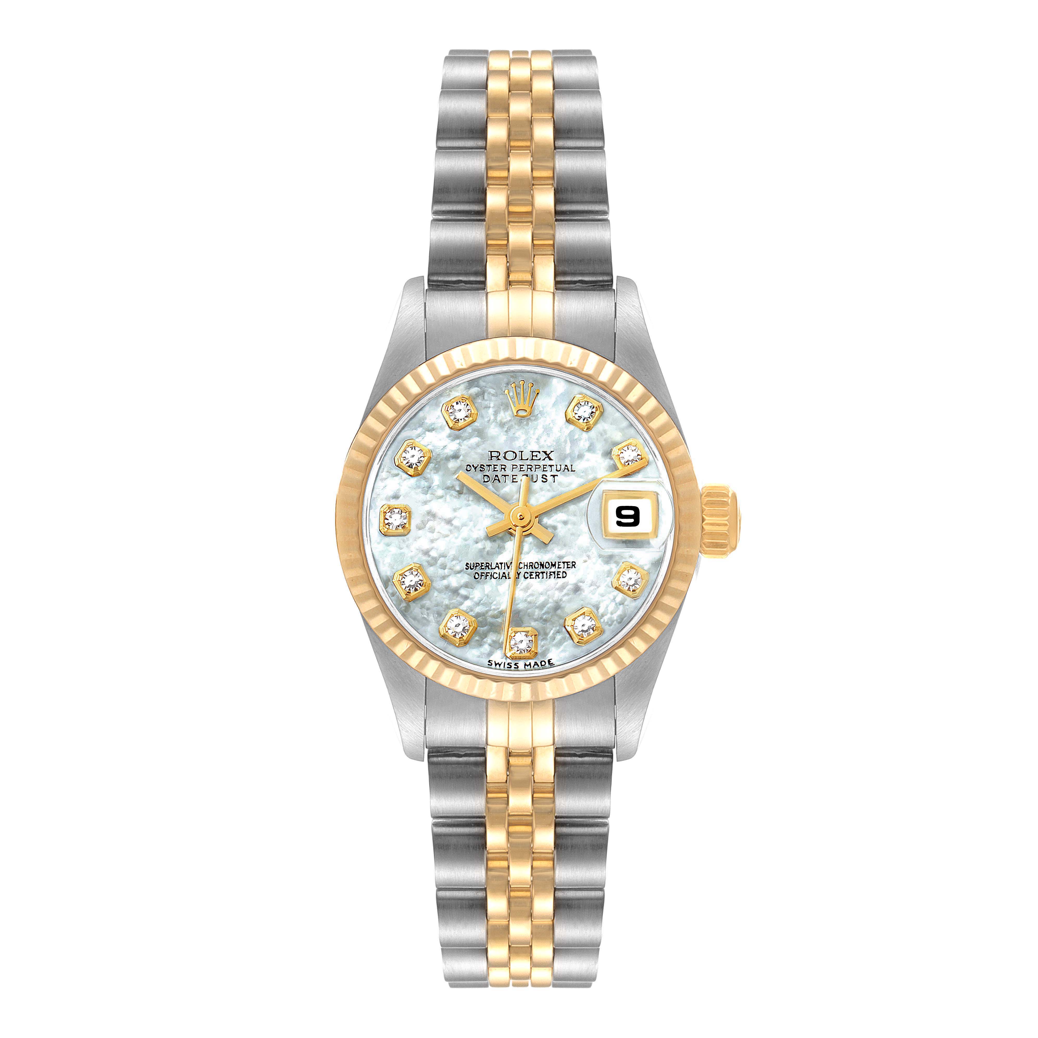 The image shows a front view of a Rolex Datejust 79173 Women's Steel and Gold (two tone) Mother of Pearl Dial 79173 Women's Steel and Gold (two tone) Mother of Pearl Dial watch, highlighting the bracelet, bezel, dial, hands, and date window.
