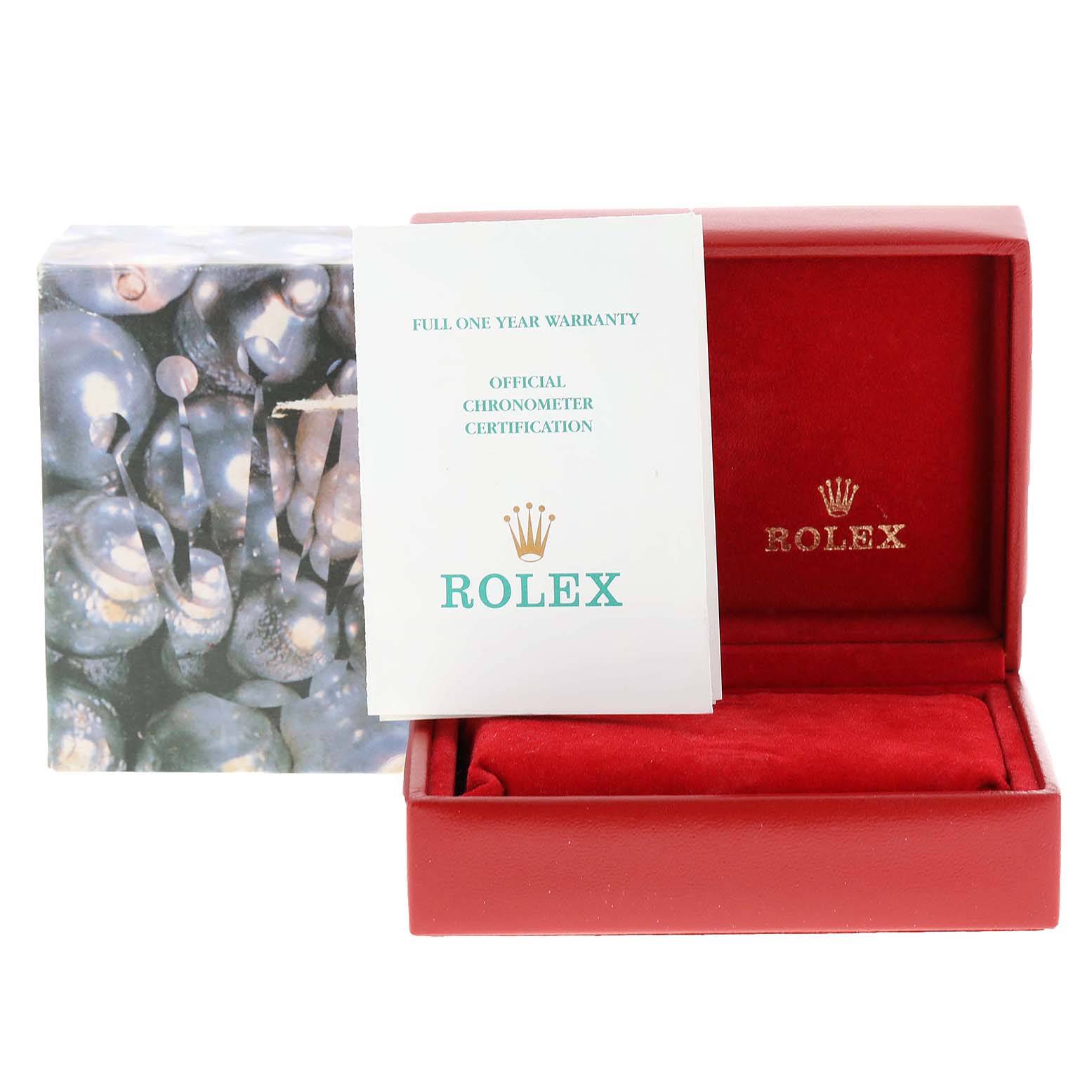 The image shows a Rolex Datejust 79173 Women's Steel and Gold (two tone) Mother of Pearl Dial 79173 Women's Steel and Gold (two tone) Mother of Pearl Dial package, including an open red watch box and warranty cards.