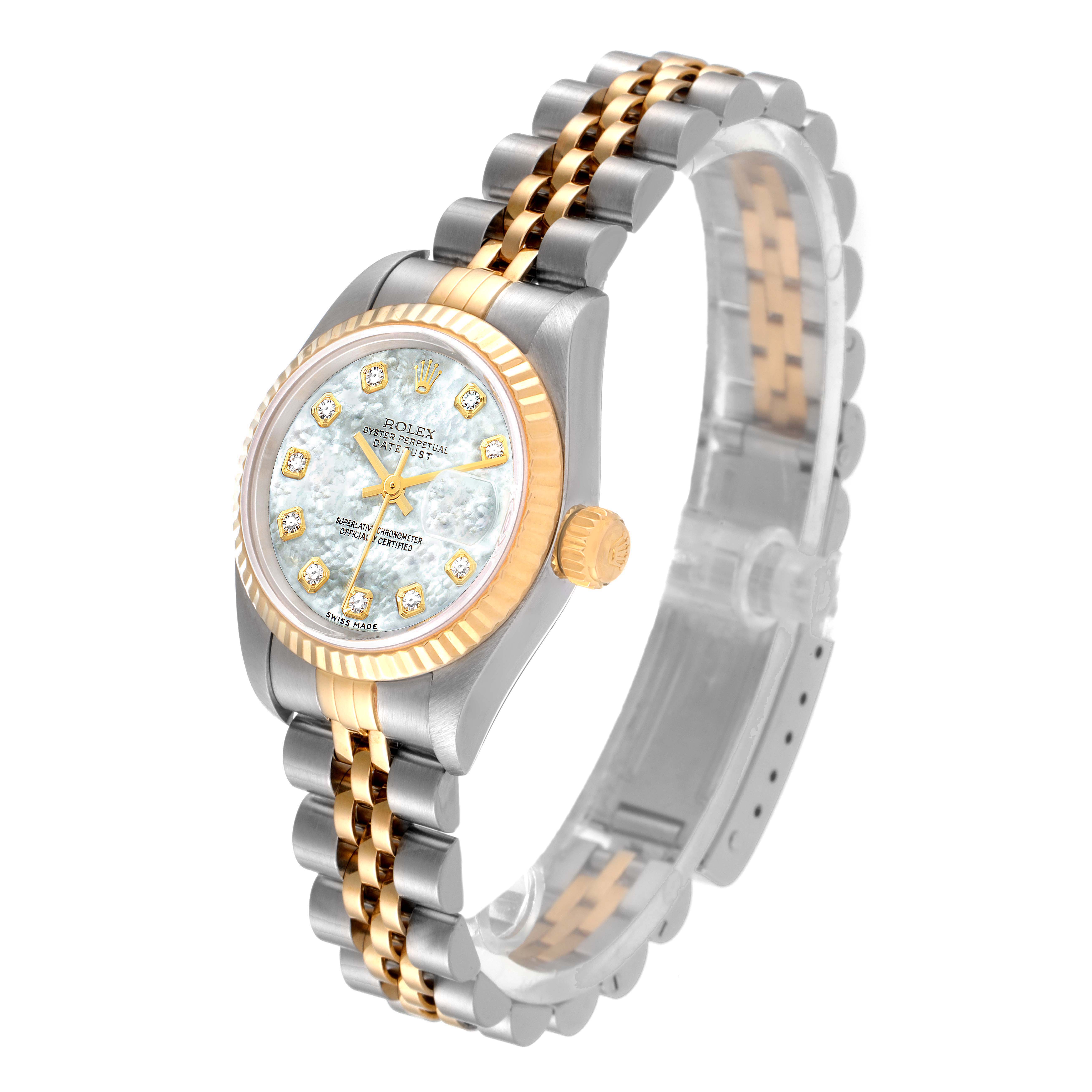 The image shows a Rolex Datejust 79173 Women's Steel and Gold (two tone) Mother of Pearl Dial 79173 Women's Steel and Gold (two tone) Mother of Pearl Dial watch at a slight front-side angle, highlighting the face, bezel, crown, and bracelet.