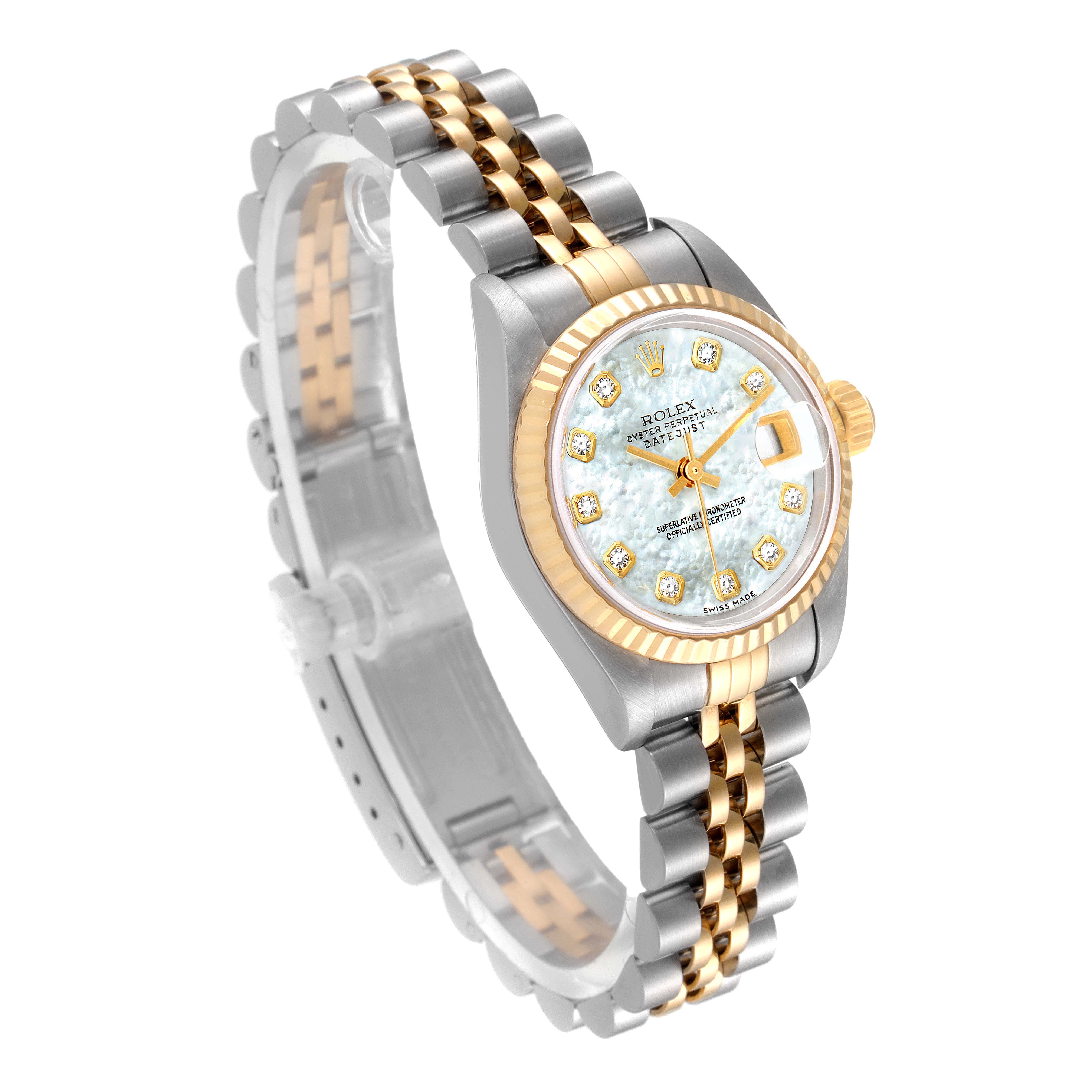 The Rolex Datejust 79173 Women's Steel and Gold (two tone) Mother of Pearl Dial 79173 Women's Steel and Gold (two tone) Mother of Pearl Dial watch is shown at an off-center angle, highlighting its face, fluted bezel, and two-tone jubilee bracelet.