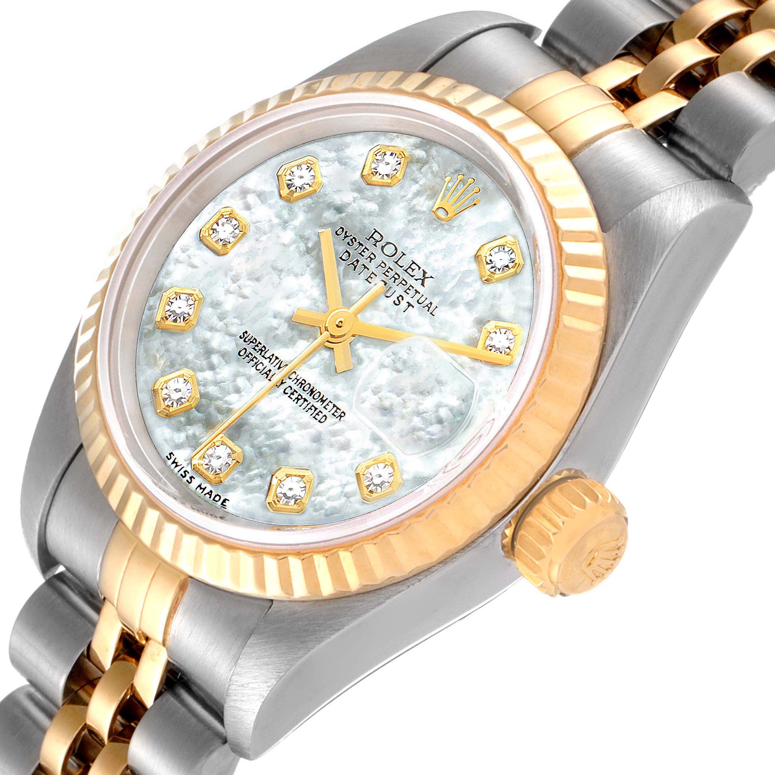 The image shows a close-up angled view of the Rolex Datejust 79173 Women's Steel and Gold (two tone) Mother of Pearl Dial 79173 Women's Steel and Gold (two tone) Mother of Pearl Dial watch, highlighting its bezel, crown, dial, and part of the bracelet.
