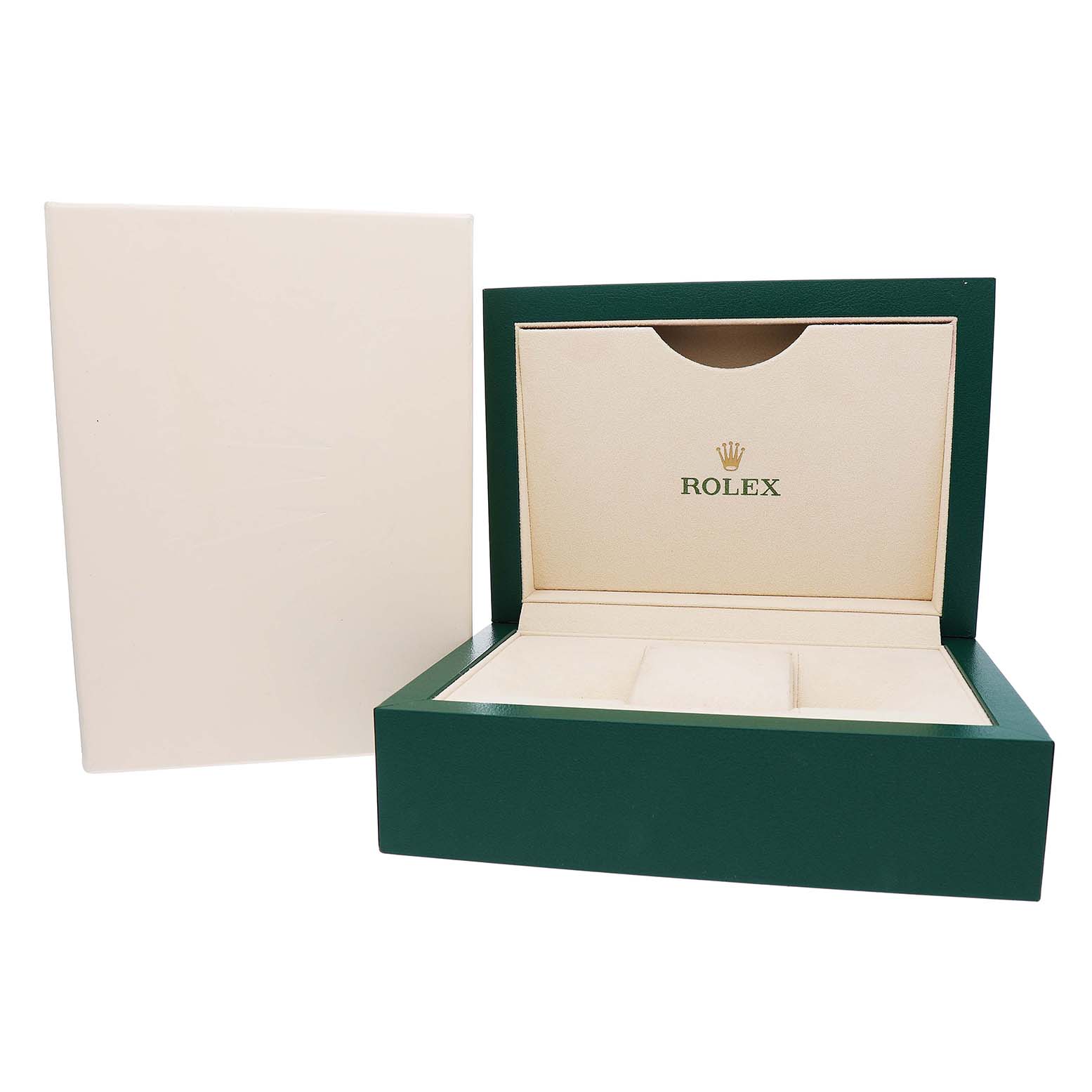 The image shows the open display box for a Rolex Datejust 116243 Men's Steel and Gold (two tone) Mother of Pearl Dial watch, featuring the brand's logo inside.