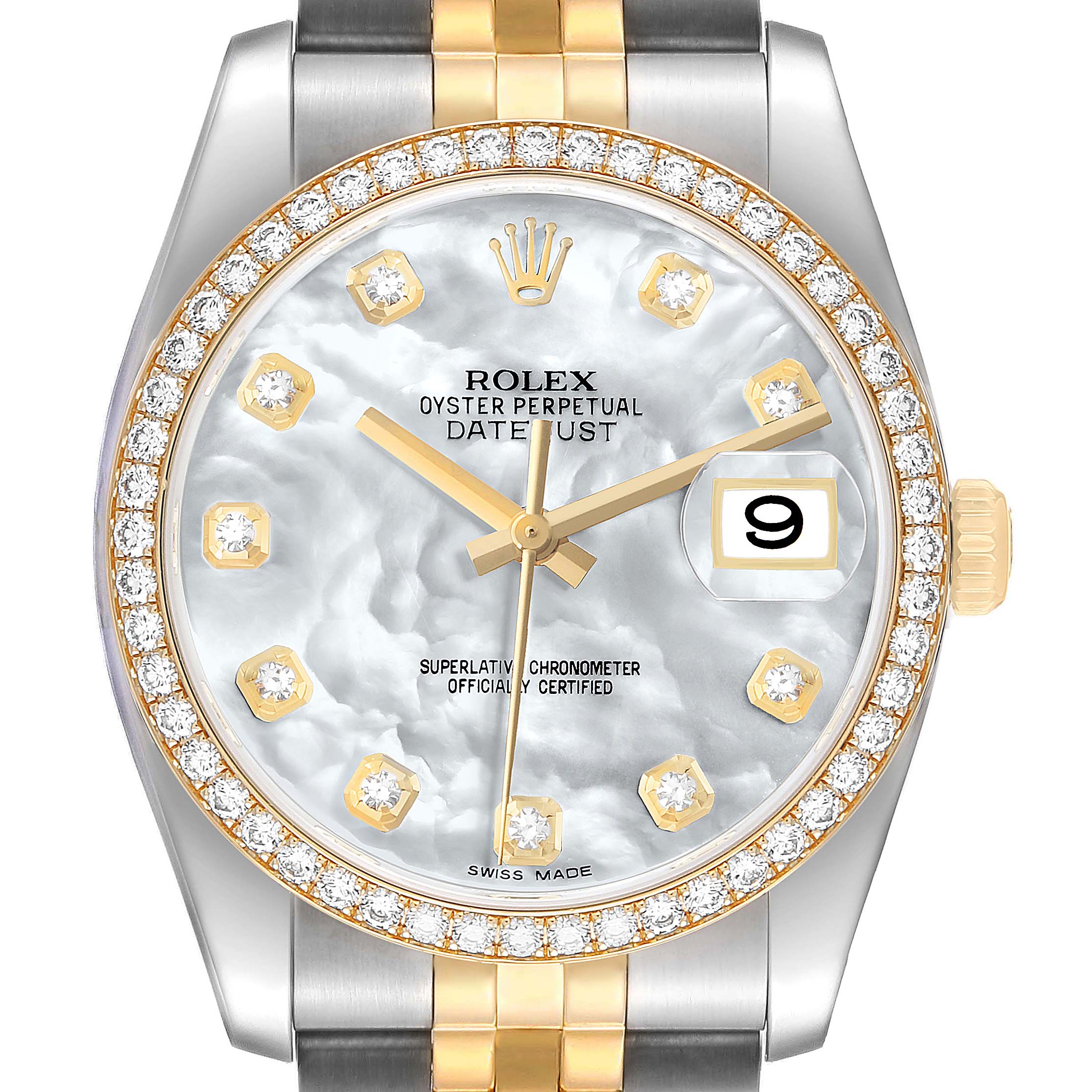 The Rolex Datejust 116243 Men's Steel and Gold (two tone) Mother of Pearl Dial watch is shown from a direct frontal angle, highlighting its dial, diamond bezel, and two-tone bracelet.