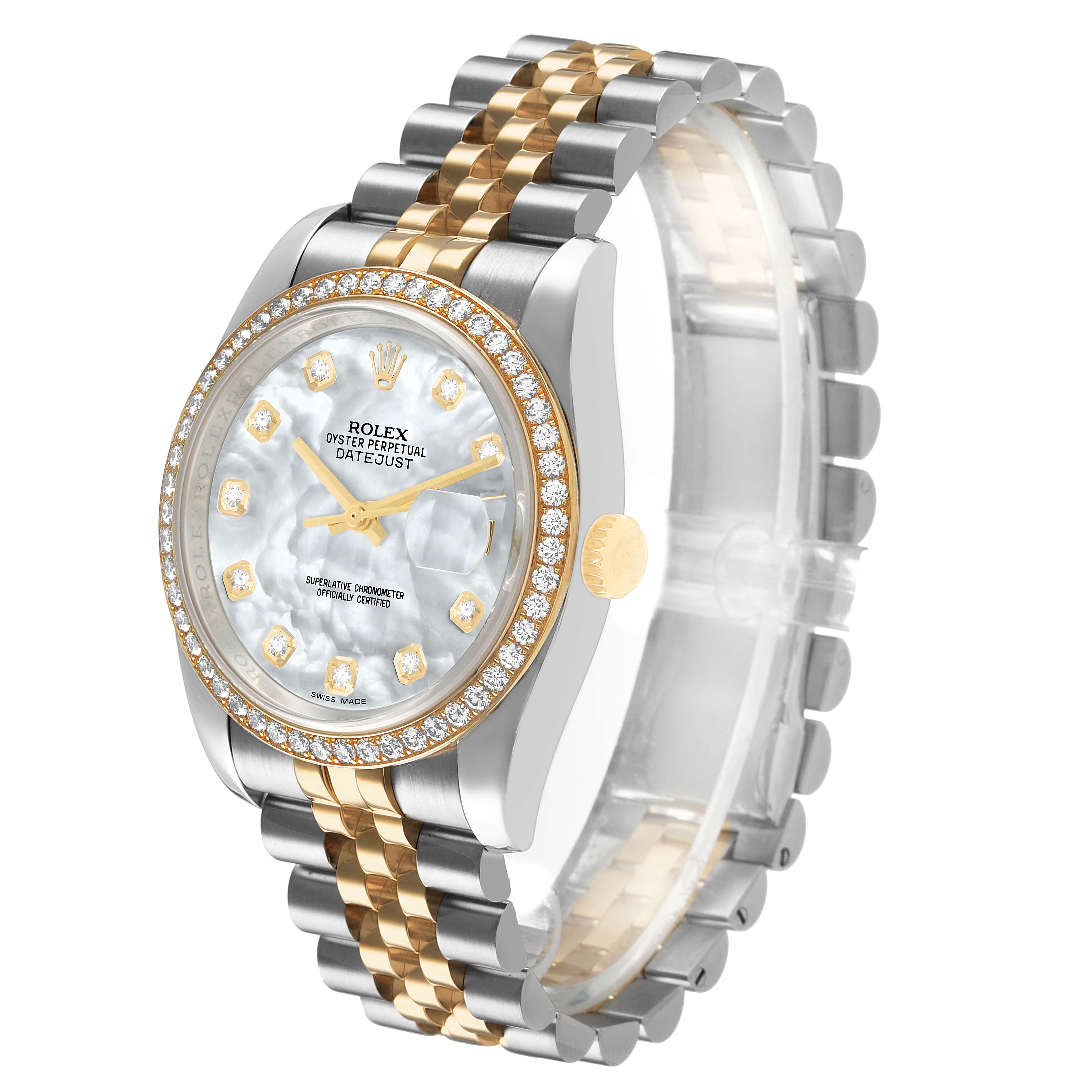 The Rolex Datejust 116243 Men's Steel and Gold (two tone) Mother of Pearl Dial watch is shown at an angled side view, displaying the bezel, dial, and jubilee bracelet.