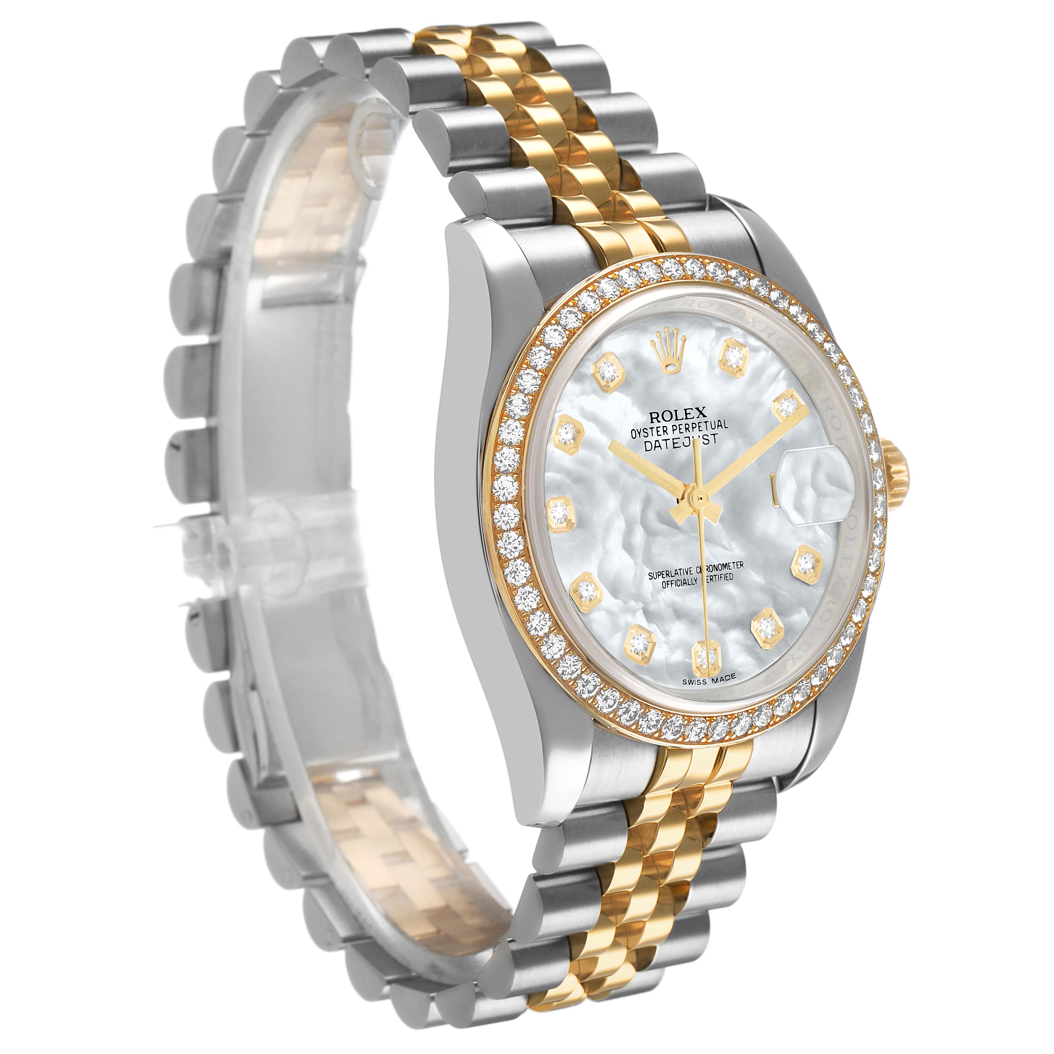 The Rolex Datejust 116243 Men's Steel and Gold (two tone) Mother of Pearl Dial watch is shown at a three-quarter angle, displaying its face, bracelet, and diamond-set bezel.