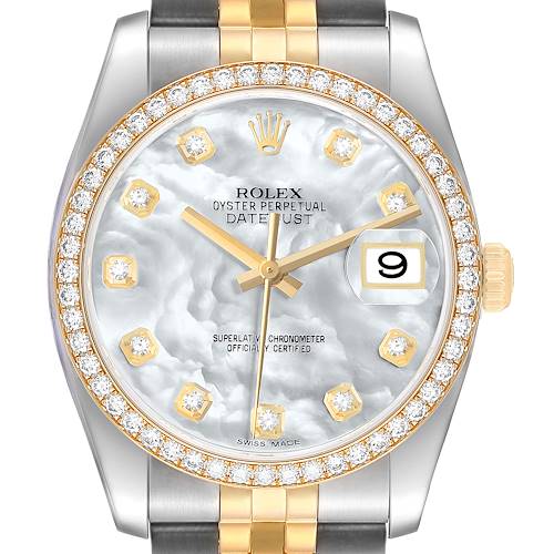 Photo of Rolex Datejust Steel Yellow Gold Mother of Pearl Diamond Mens Watch 116243