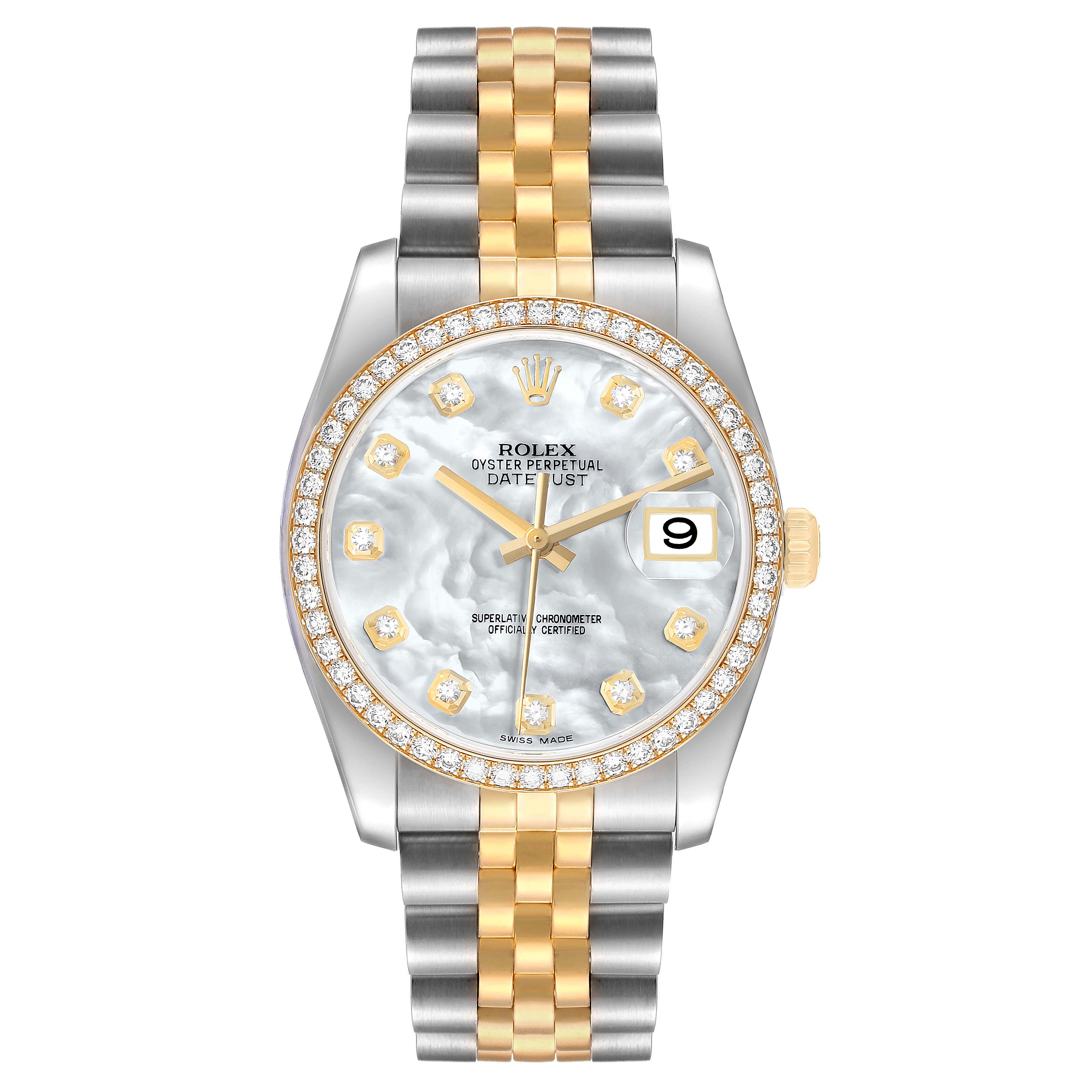 The Rolex Datejust 116243 Men's Steel and Gold (two tone) Mother of Pearl Dial watch is shown from the front, highlighting the face, bezel, and bracelet.