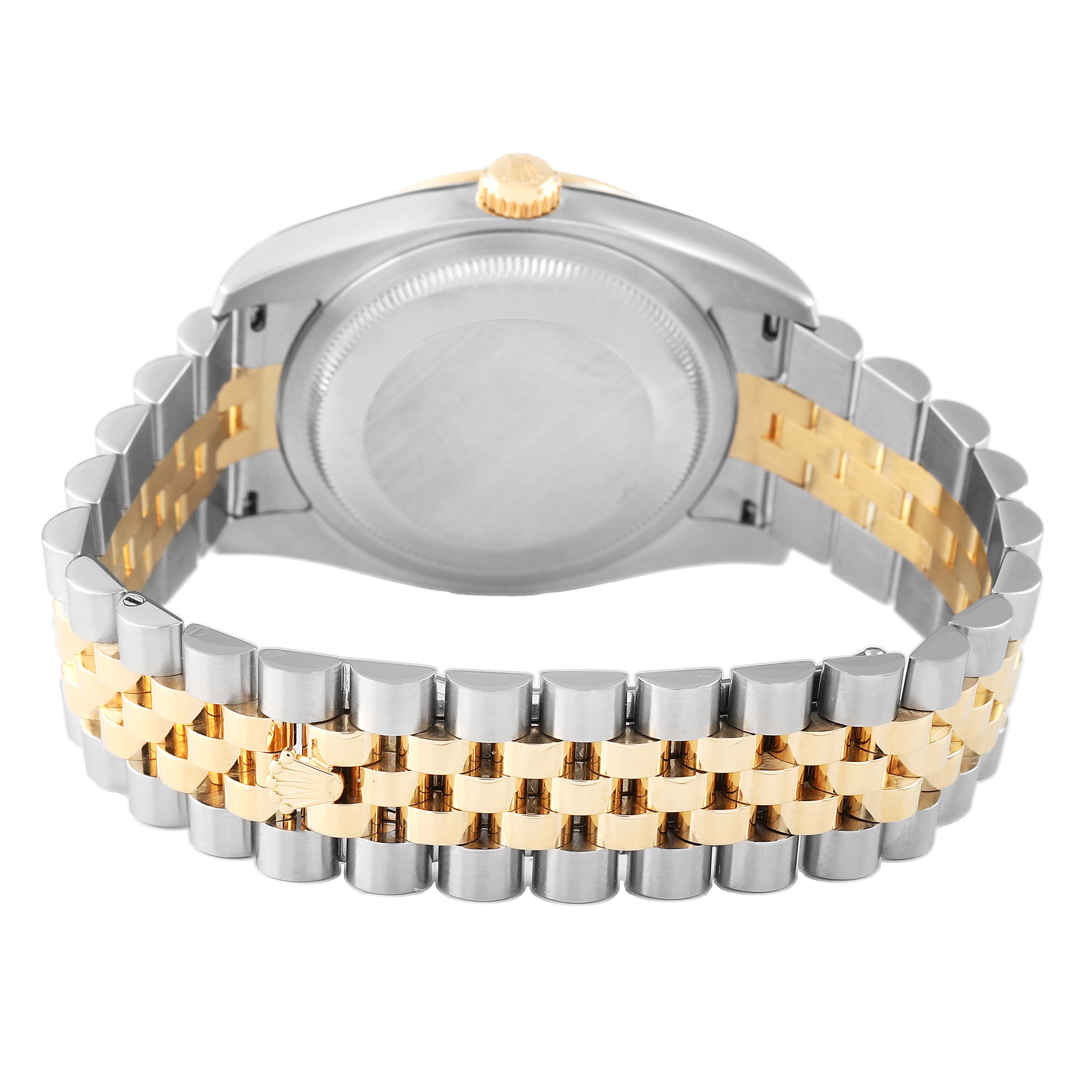The image shows the back of a Rolex Datejust 116243 Men's Steel and Gold (two tone) Mother of Pearl Dial watch, highlighting the case, crown, and two-tone Jubilee bracelet.