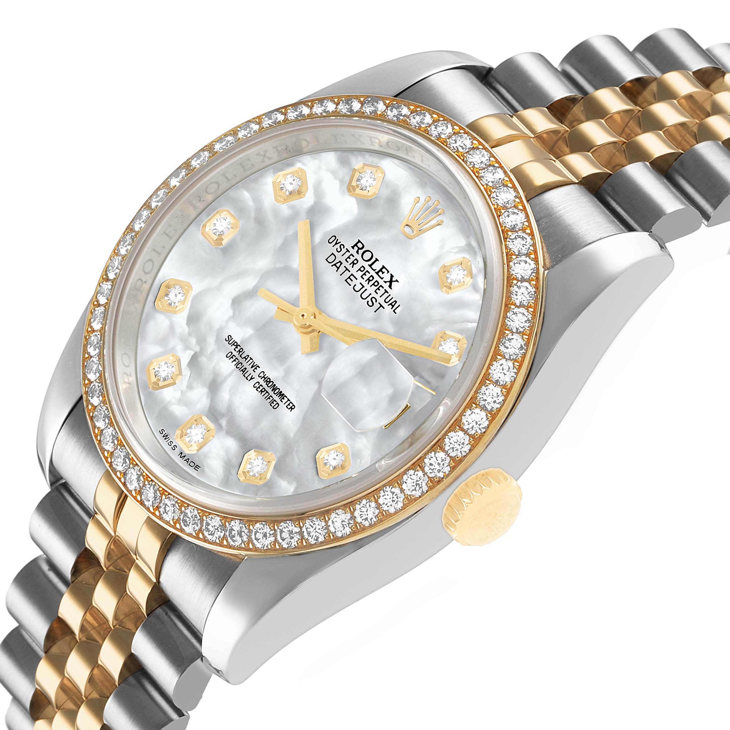 The image shows a side view of the Rolex Datejust 116243 Men's Steel and Gold (two tone) Mother of Pearl Dial, highlighting the bezel, dial, and bracelet details.