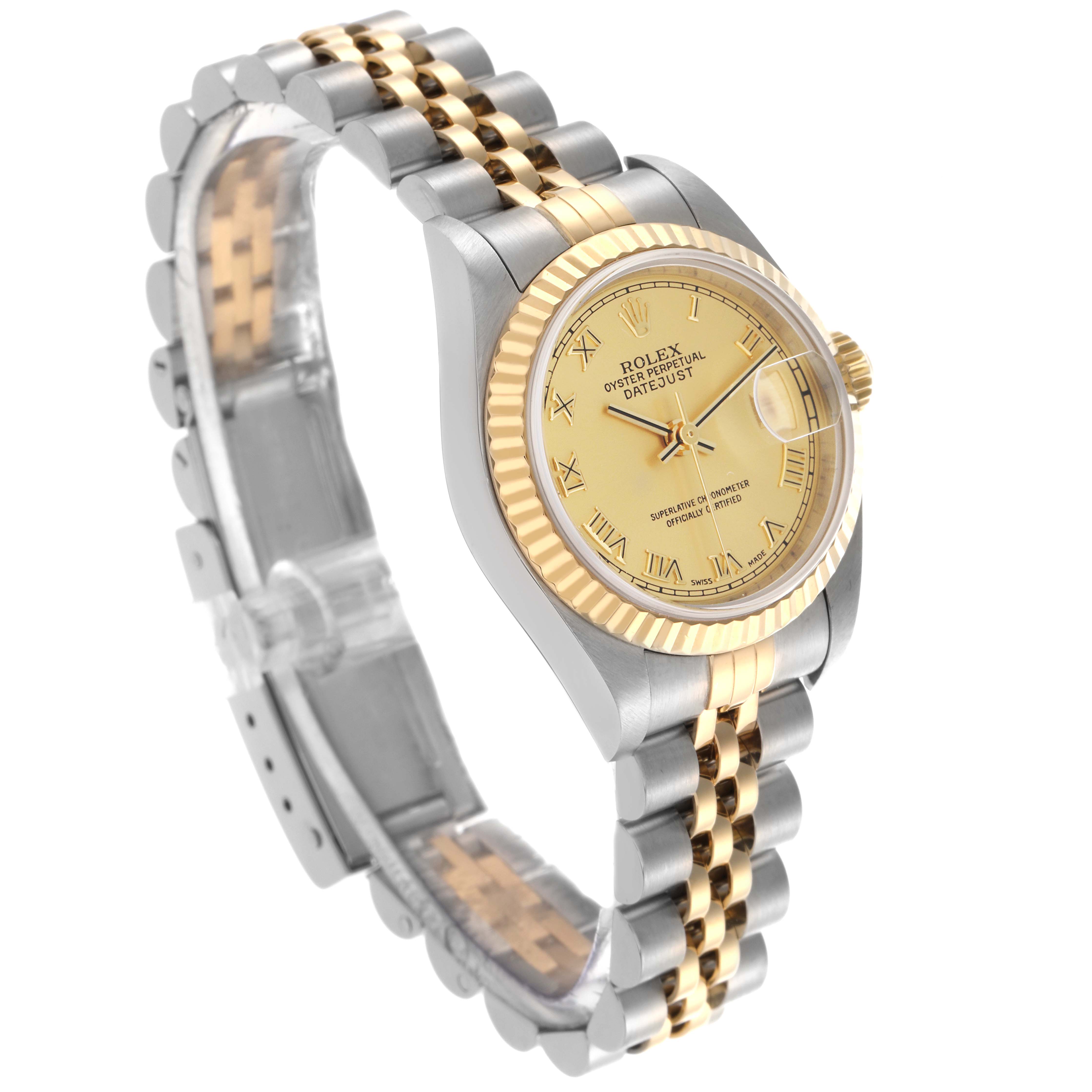 The Rolex Datejust 79173 Women's Steel and Gold (two tone) Champagne Dial 79173 Women's Steel and Gold (two tone) Champagne Dial watch is shown at a three-quarter angle, highlighting the face, bezel, and two-tone bracelet.