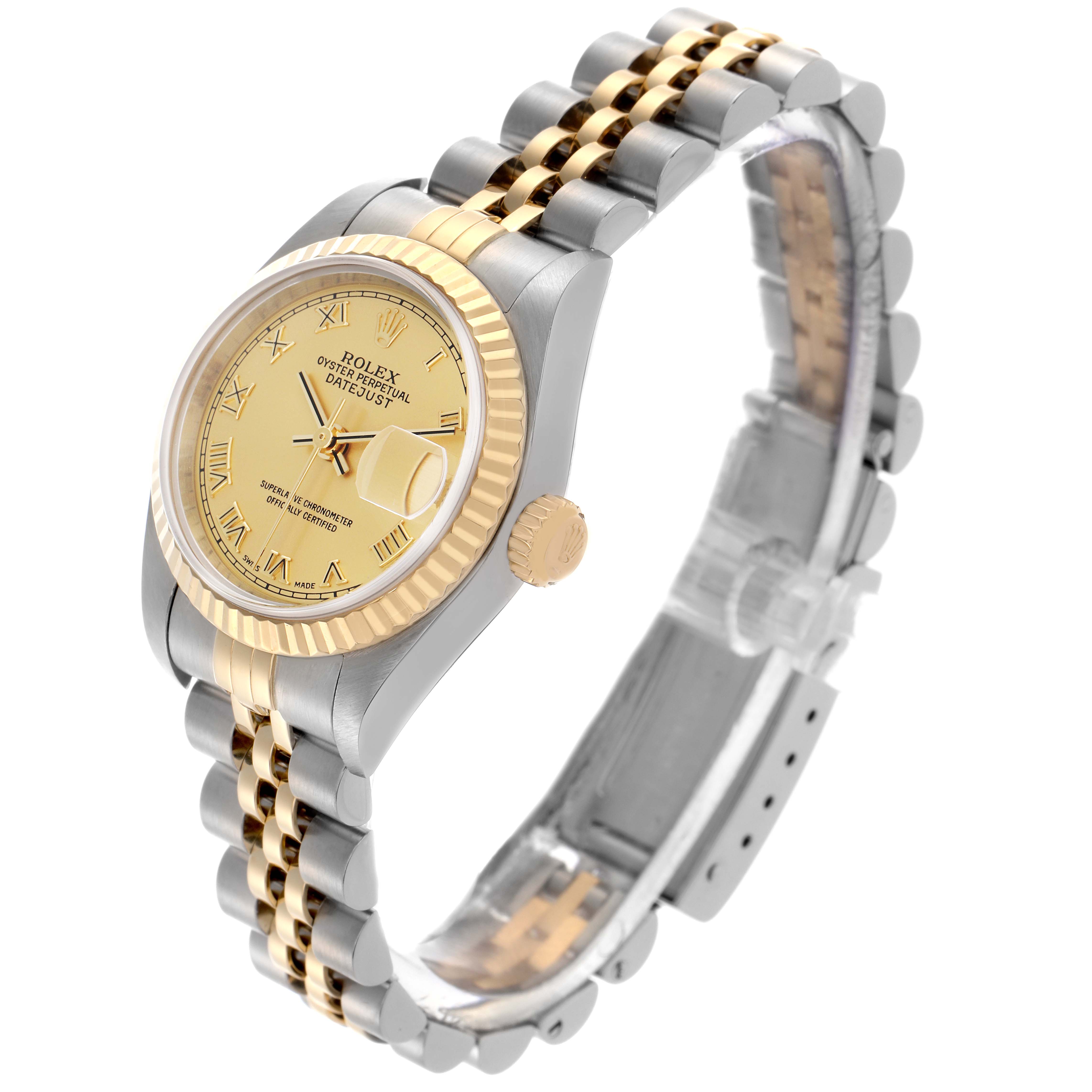 The Rolex Datejust 79173 Women's Steel and Gold (two tone) Champagne Dial 79173 Women's Steel and Gold (two tone) Champagne Dial watch is shown at an angle, displaying the dial, bezel, crown, and two-tone Jubilee bracelet.