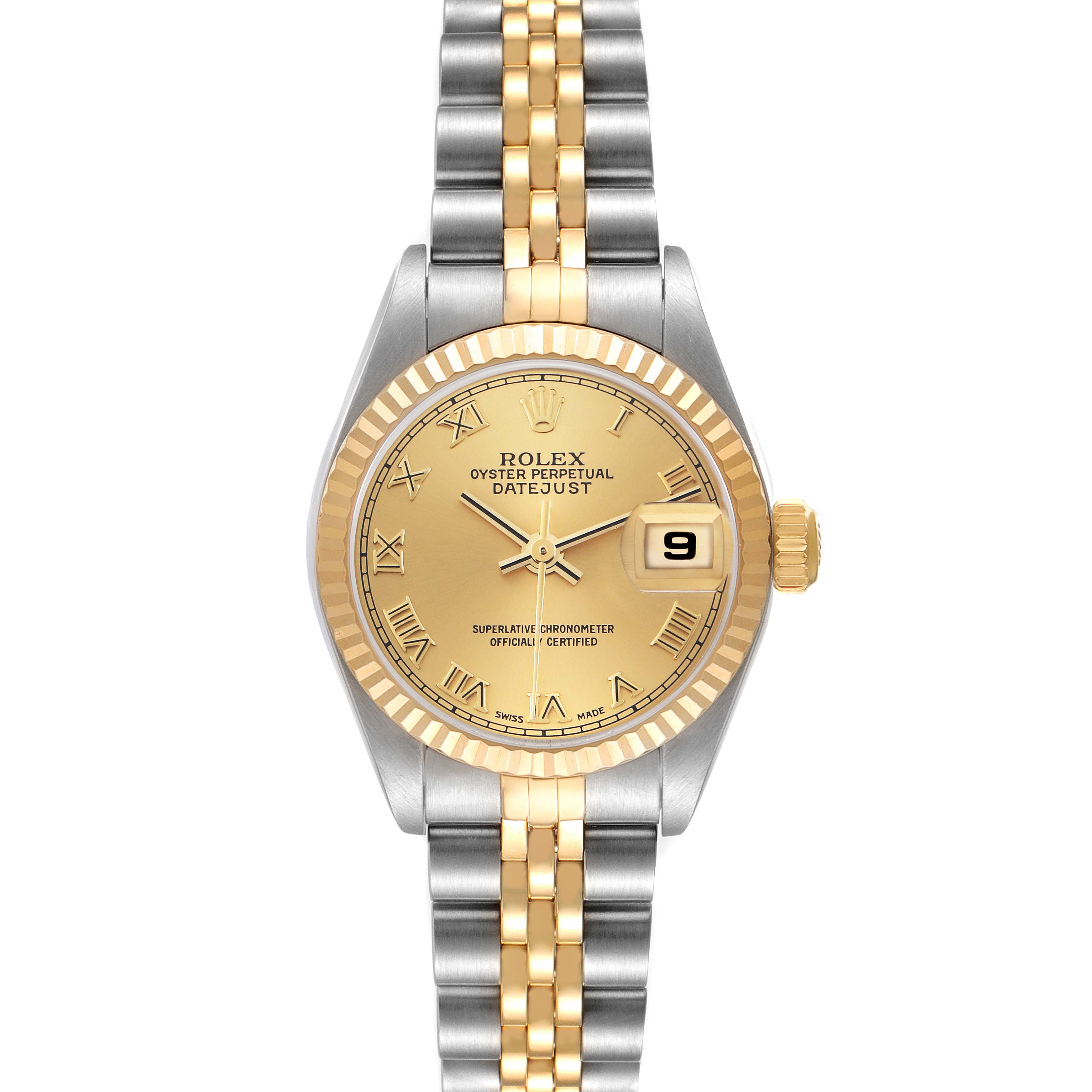 The Rolex Datejust 79173 Women's Steel and Gold (two tone) Champagne Dial 79173 Women's Steel and Gold (two tone) Champagne Dial watch is shown from the front, highlighting its dial, bezel, and two-tone bracelet.