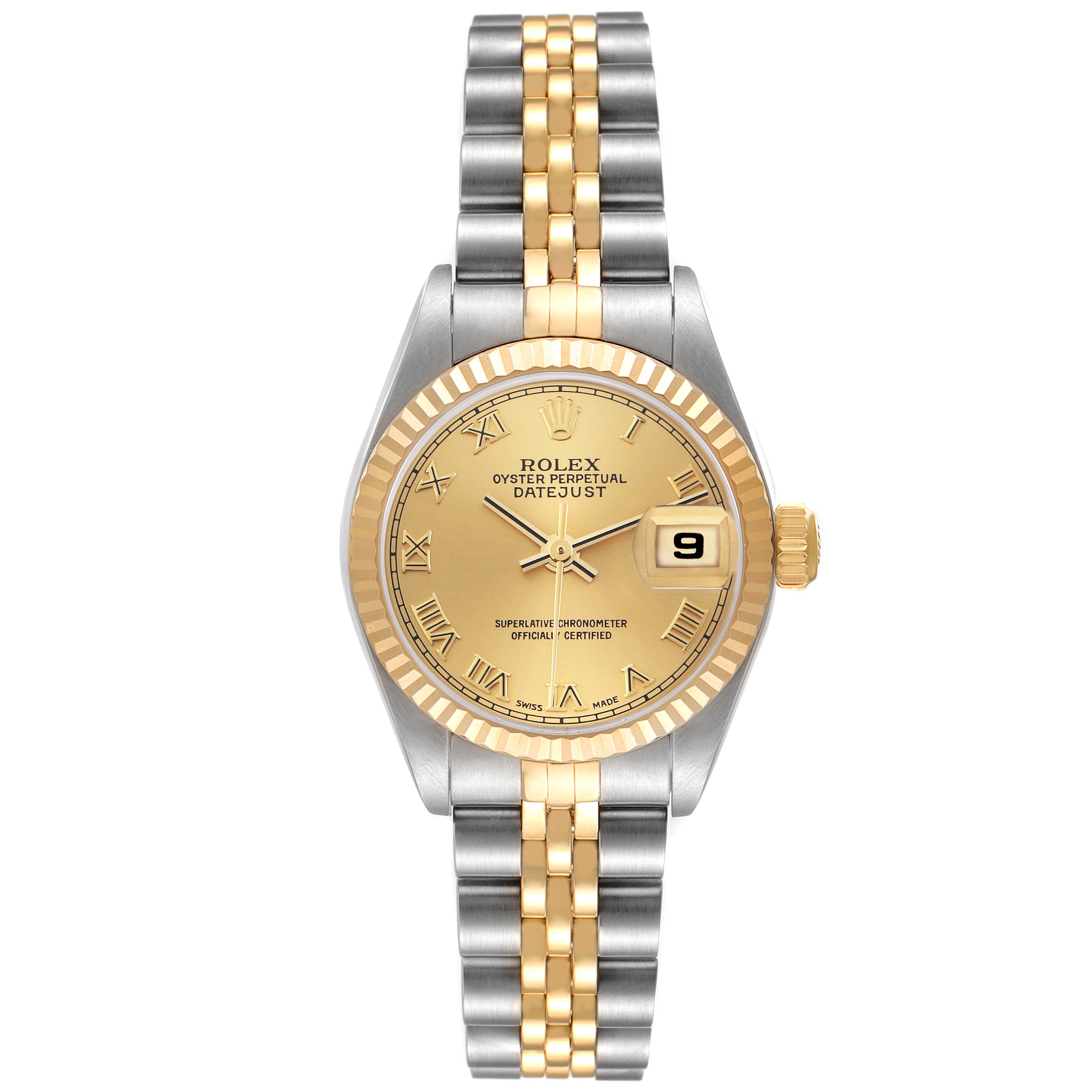 The Rolex Datejust 79173 Women's Steel and Gold (two tone) Champagne Dial 79173 Women's Steel and Gold (two tone) Champagne Dial watch is shown from a front angle, highlighting the dial, bezel, and two-tone bracelet.