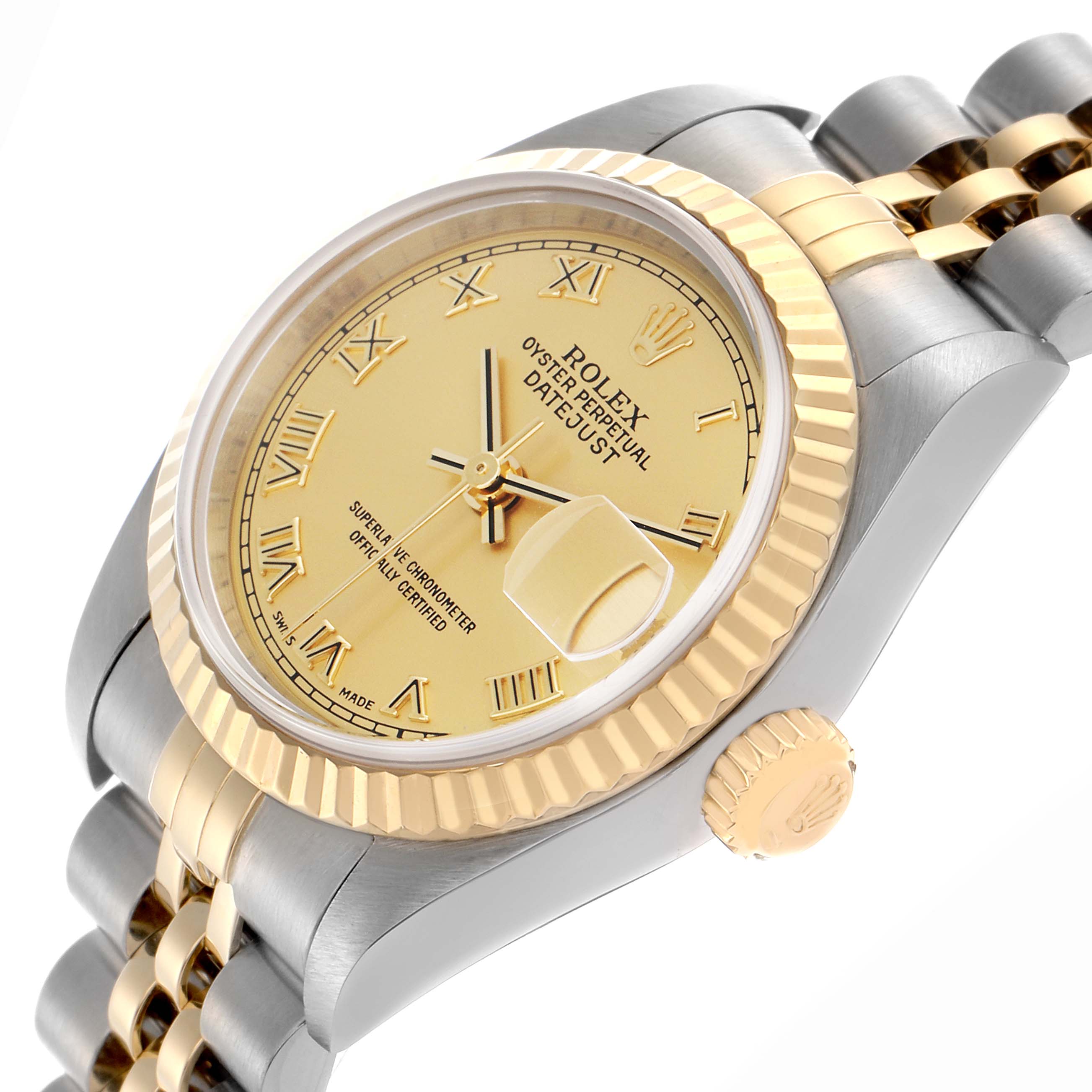 The Rolex Datejust 79173 Women's Steel and Gold (two tone) Champagne Dial 79173 Women's Steel and Gold (two tone) Champagne Dial watch is shown at an angle highlighting its gold and silver bezel, crown, bracelet, and dial with Roman numerals.