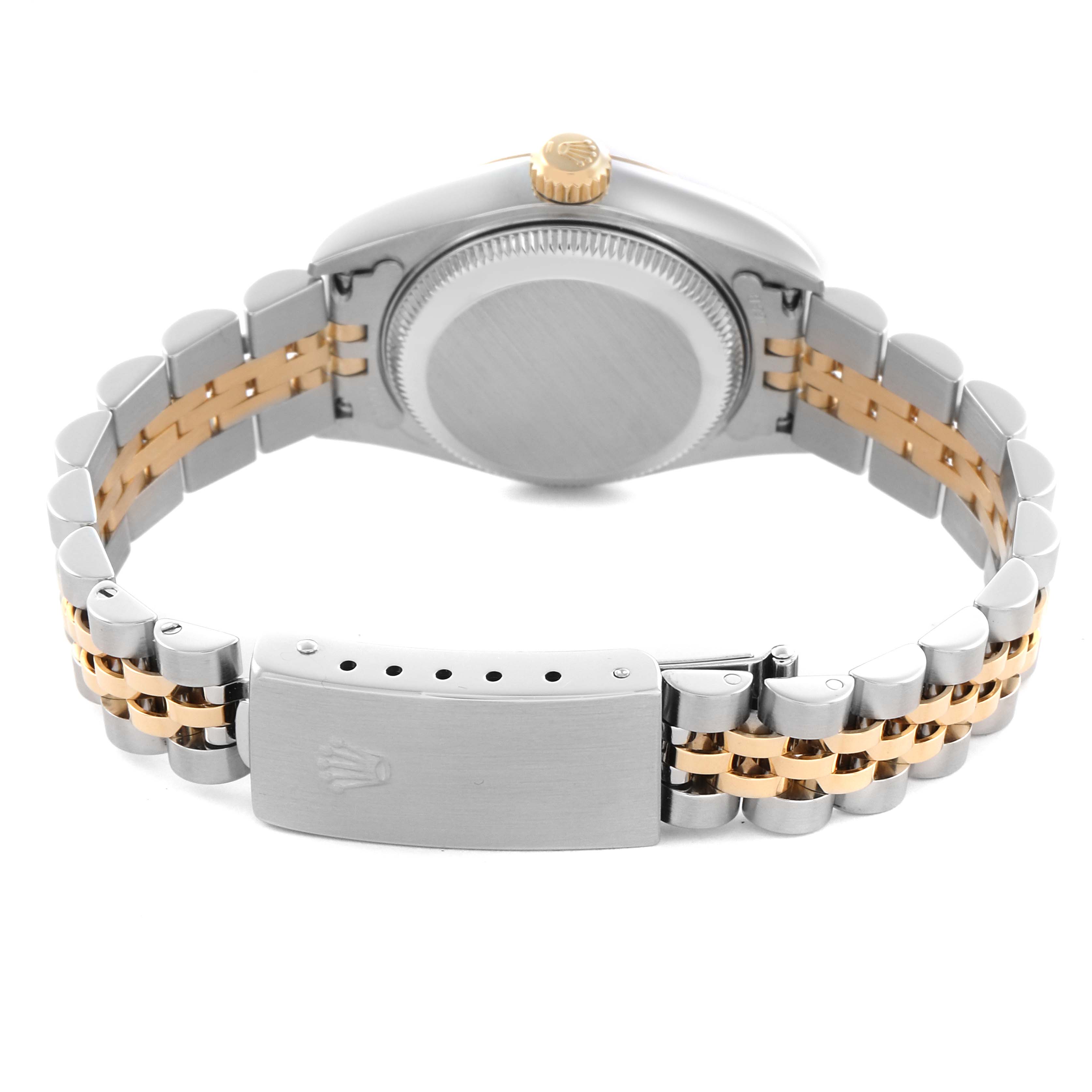 The image shows the back of a Rolex Datejust 79173 Women's Steel and Gold (two tone) Champagne Dial 79173 Women's Steel and Gold (two tone) Champagne Dial watch, highlighting the case, crown, and two-tone bracelet and clasp.